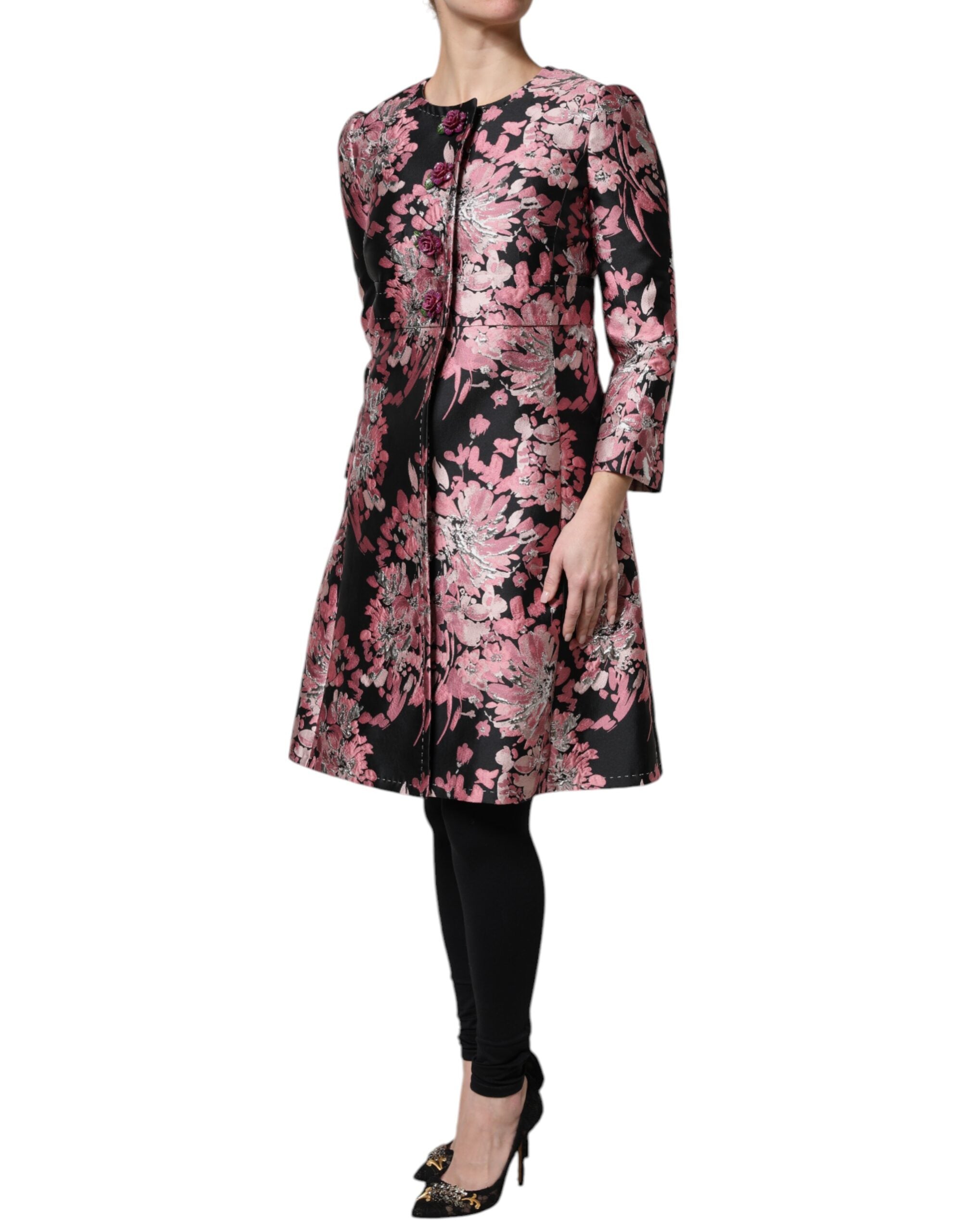 Pink Black Floral Brocade Trenchcoat Jacket - ventzia
