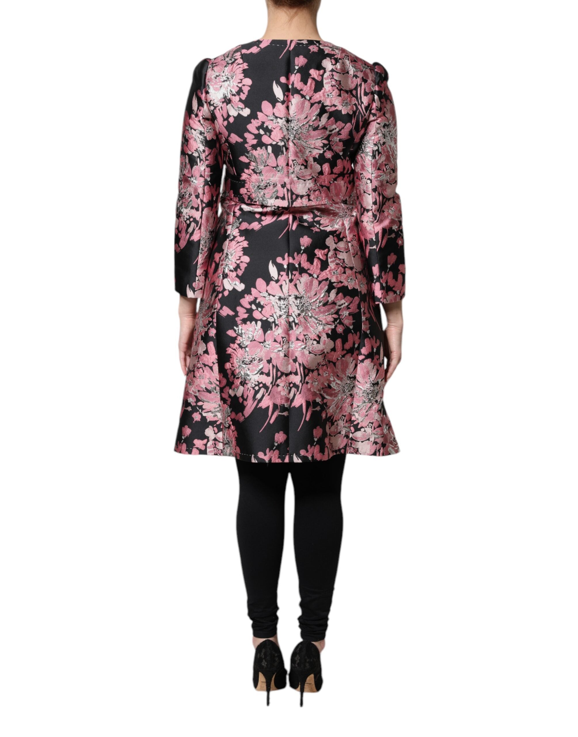 Pink Black Floral Brocade Trenchcoat Jacket - ventzia
