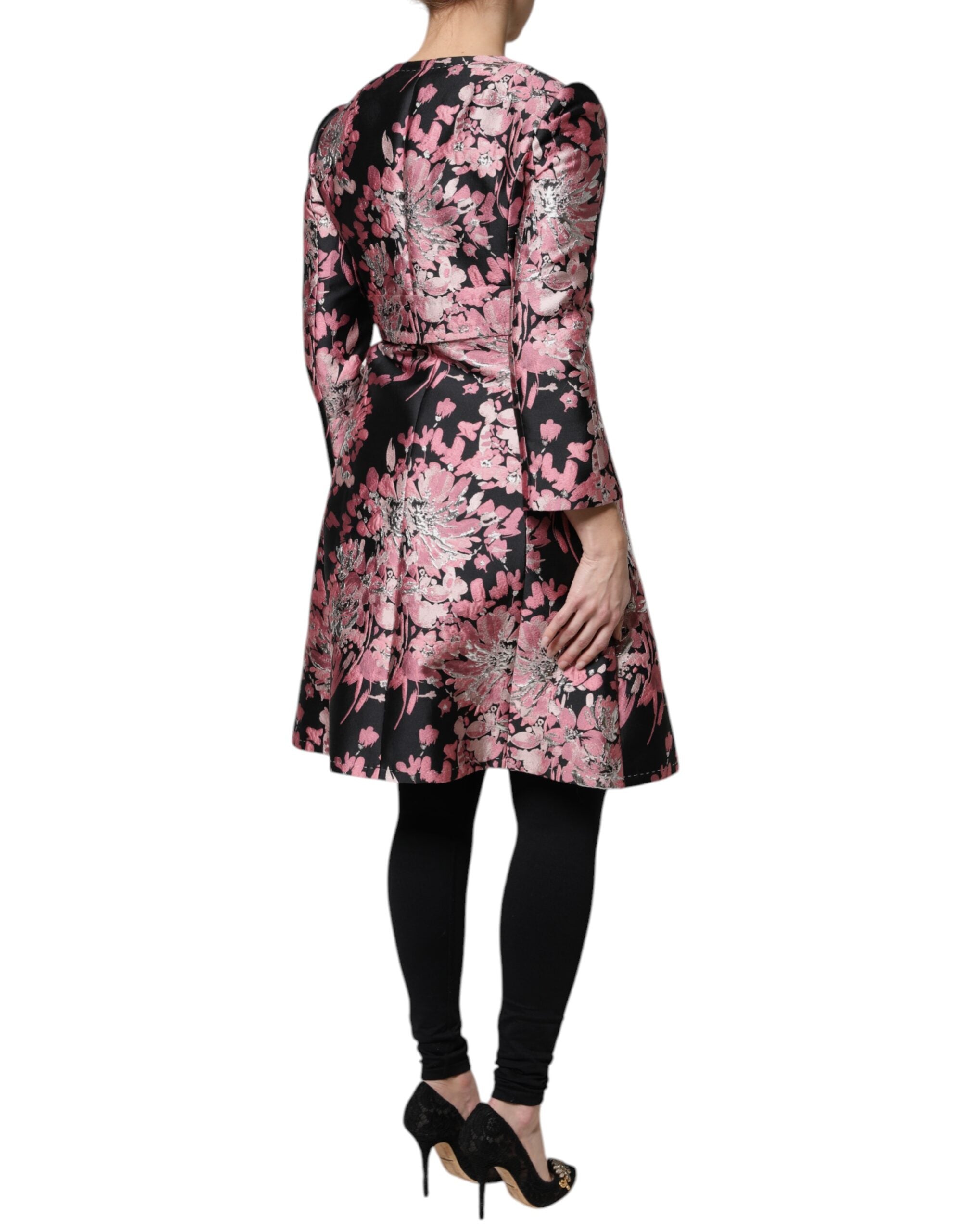 Pink Black Floral Brocade Trenchcoat Jacket - ventzia