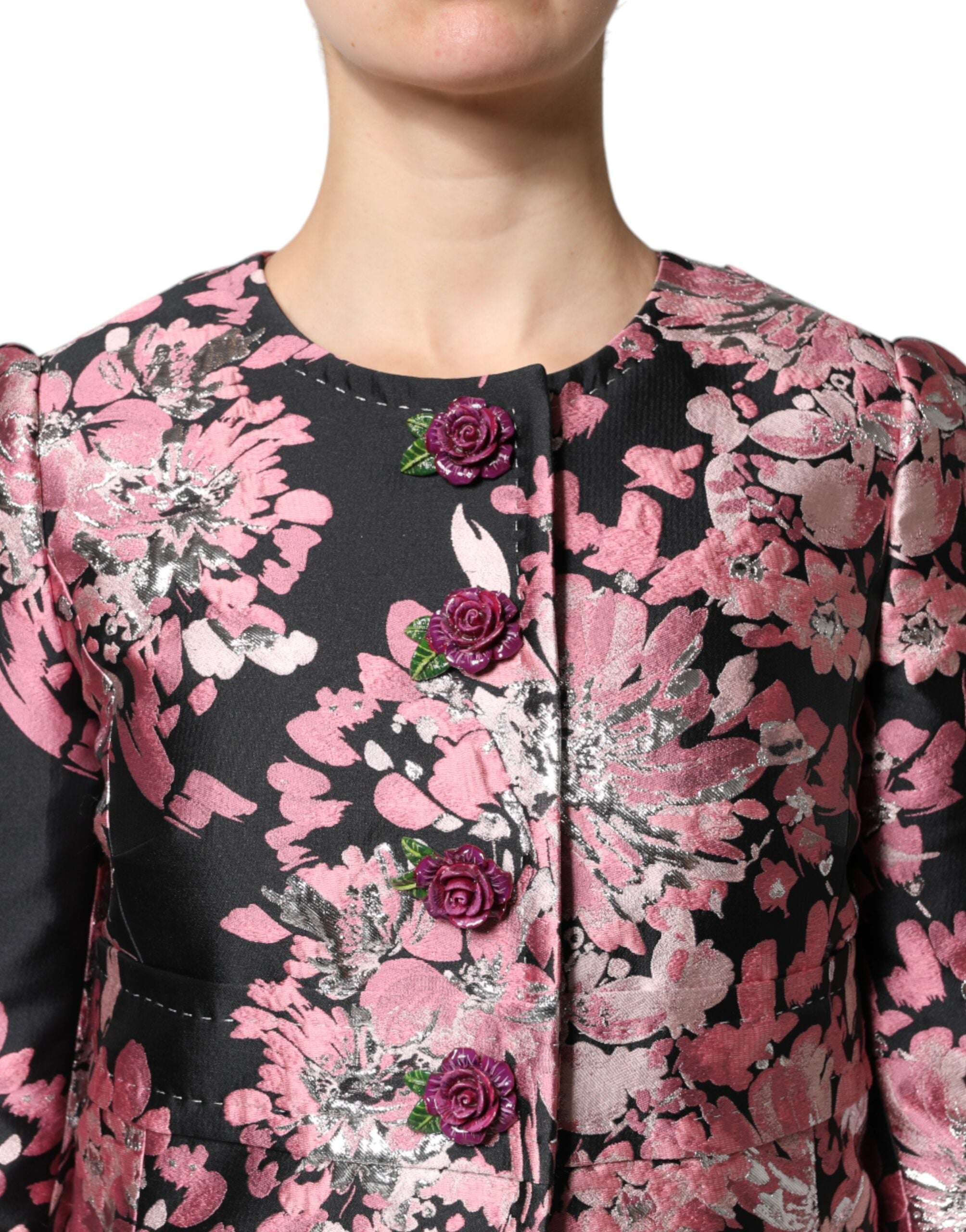 Pink Black Floral Brocade Trenchcoat Jacket - ventzia