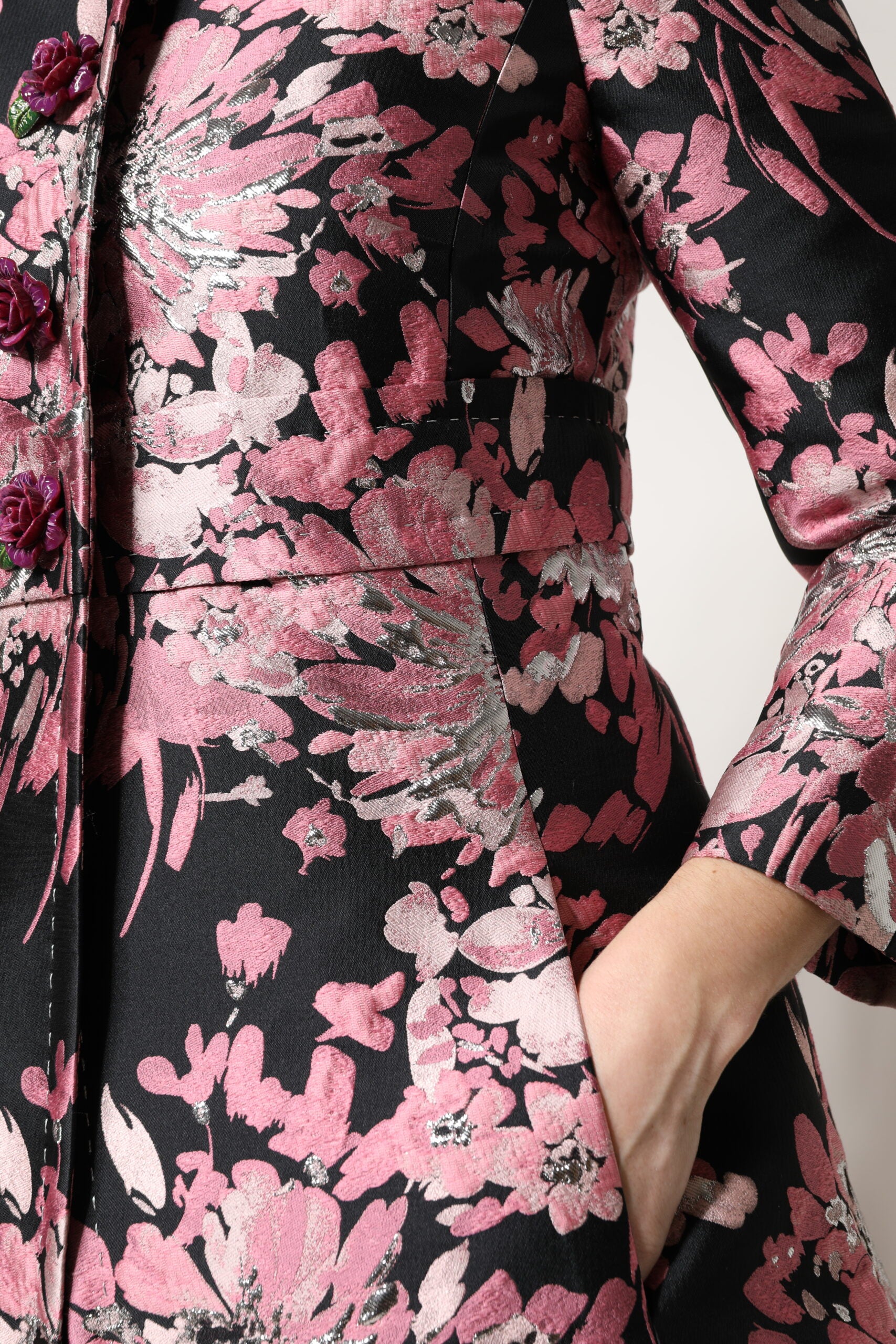 Pink Black Floral Brocade Trenchcoat Jacket - ventzia