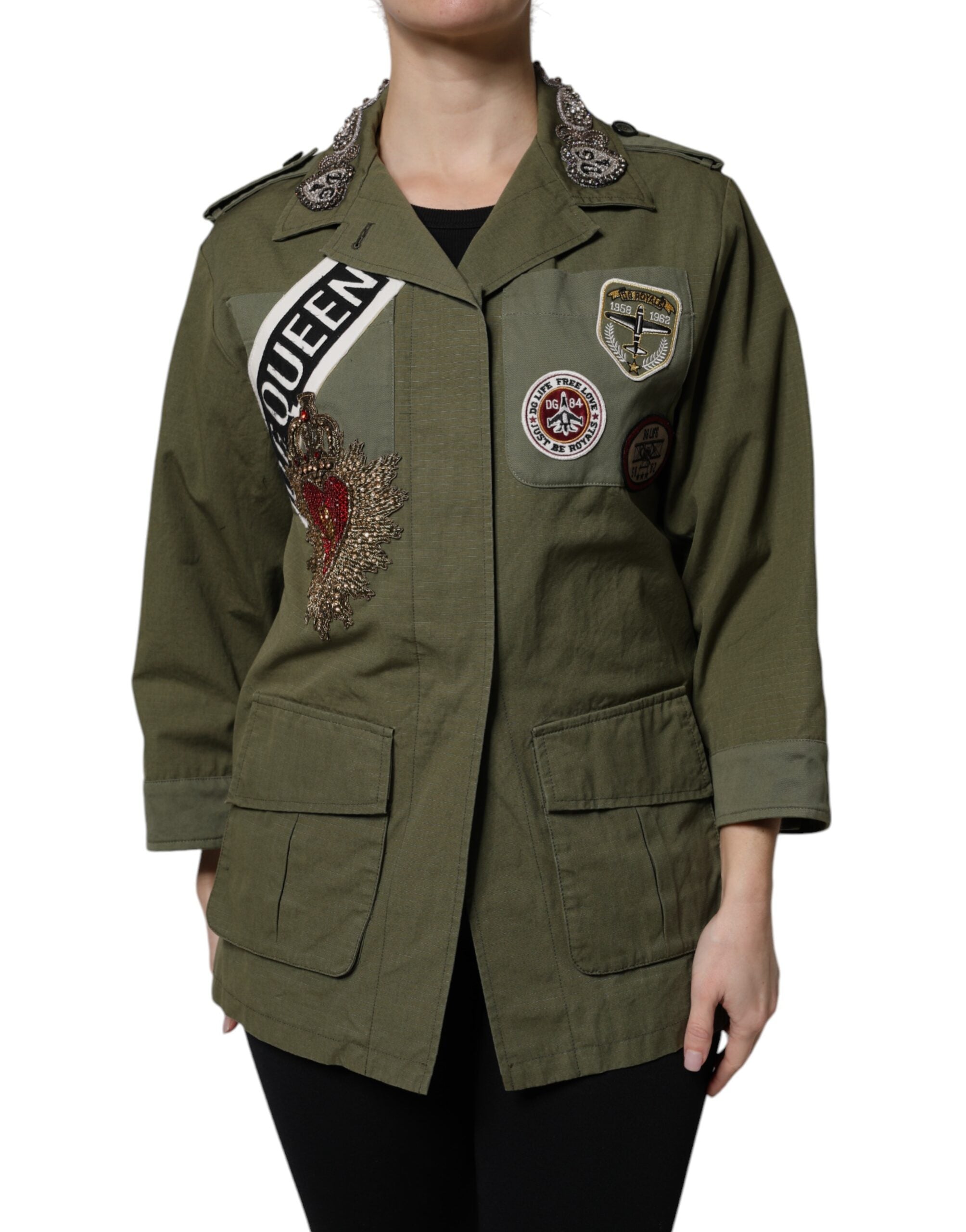 Military Green Queen Embellished Coat Jacket - ventzia