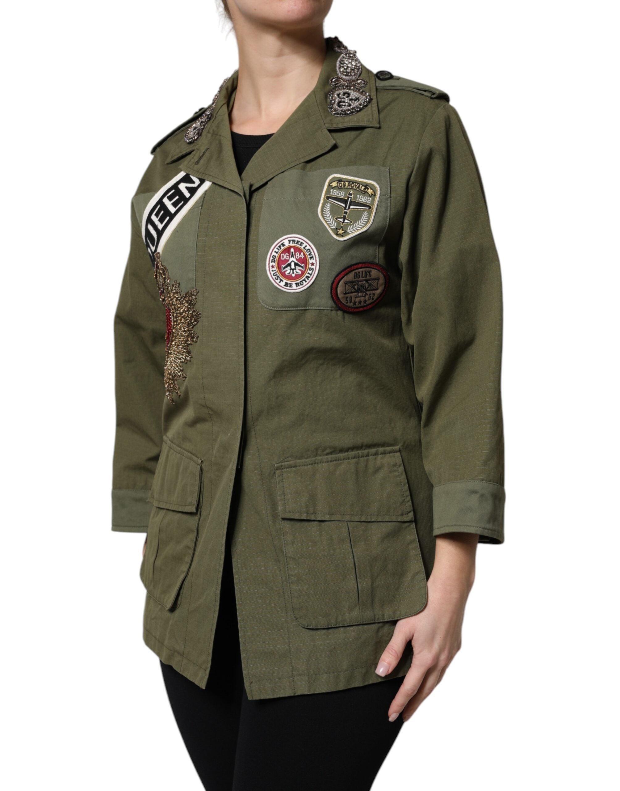 Military Green Queen Embellished Coat Jacket - ventzia