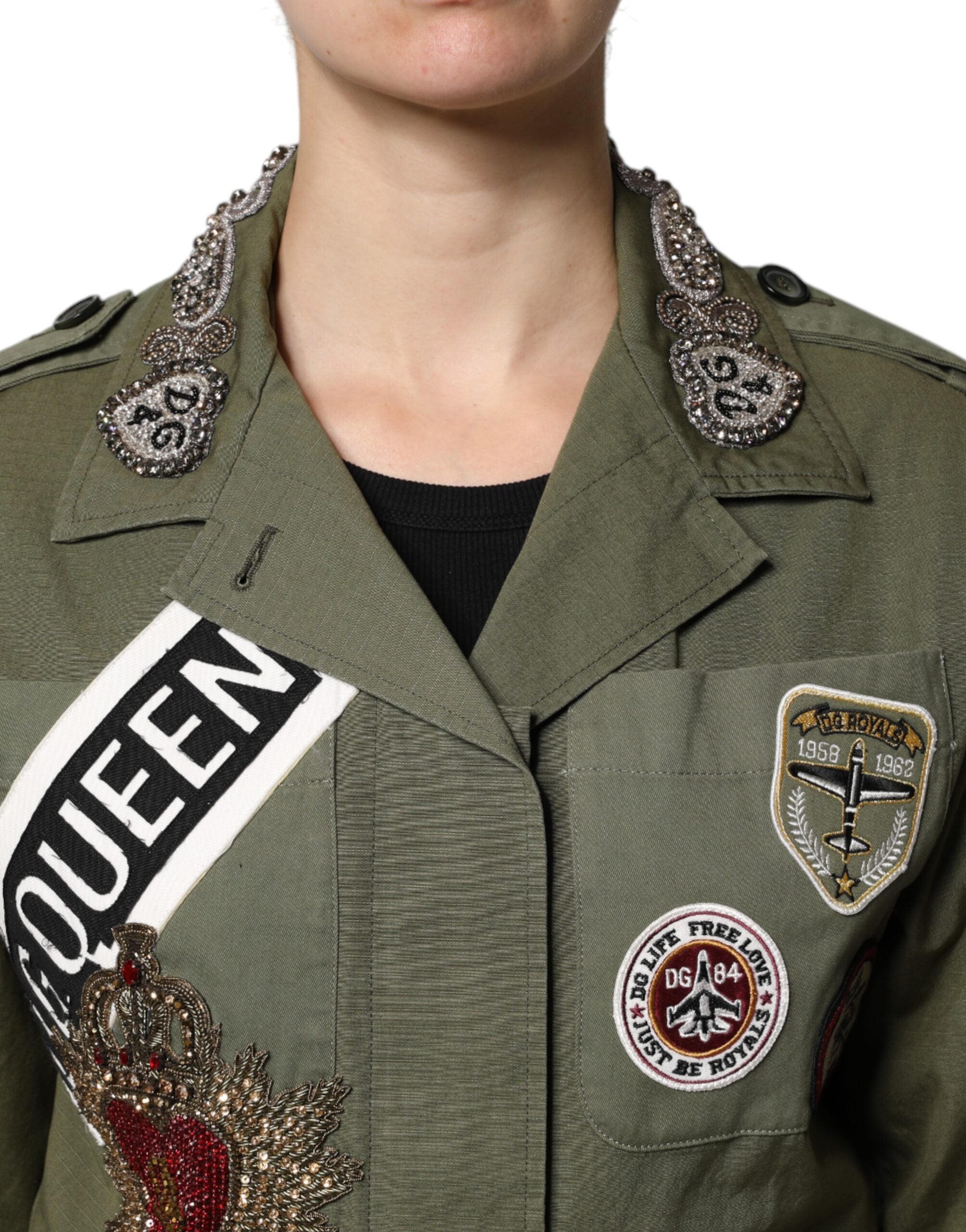 Military Green Queen Embellished Coat Jacket - ventzia