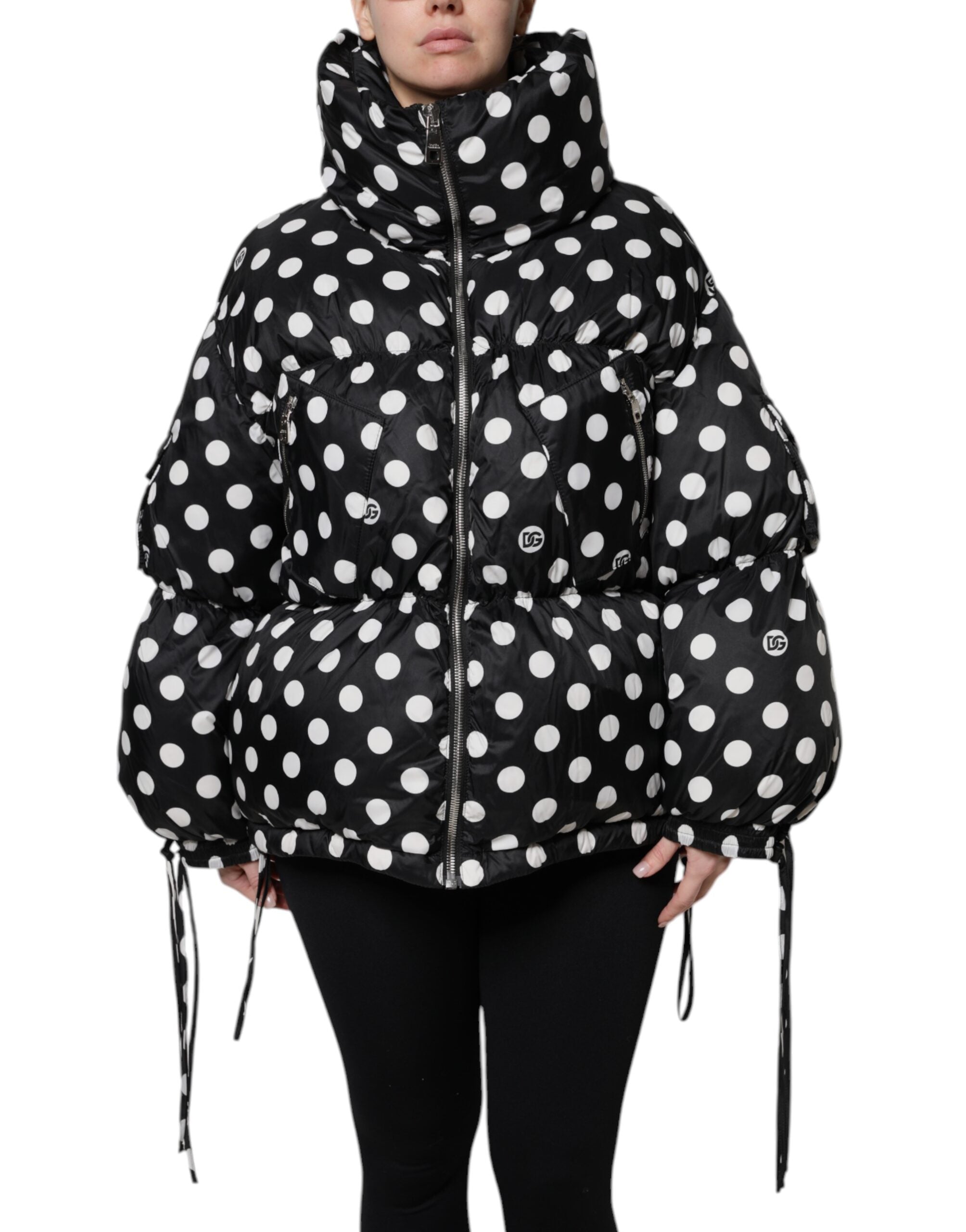 Black White Polka Dot Full Zip Puffer Jacket - ventzia