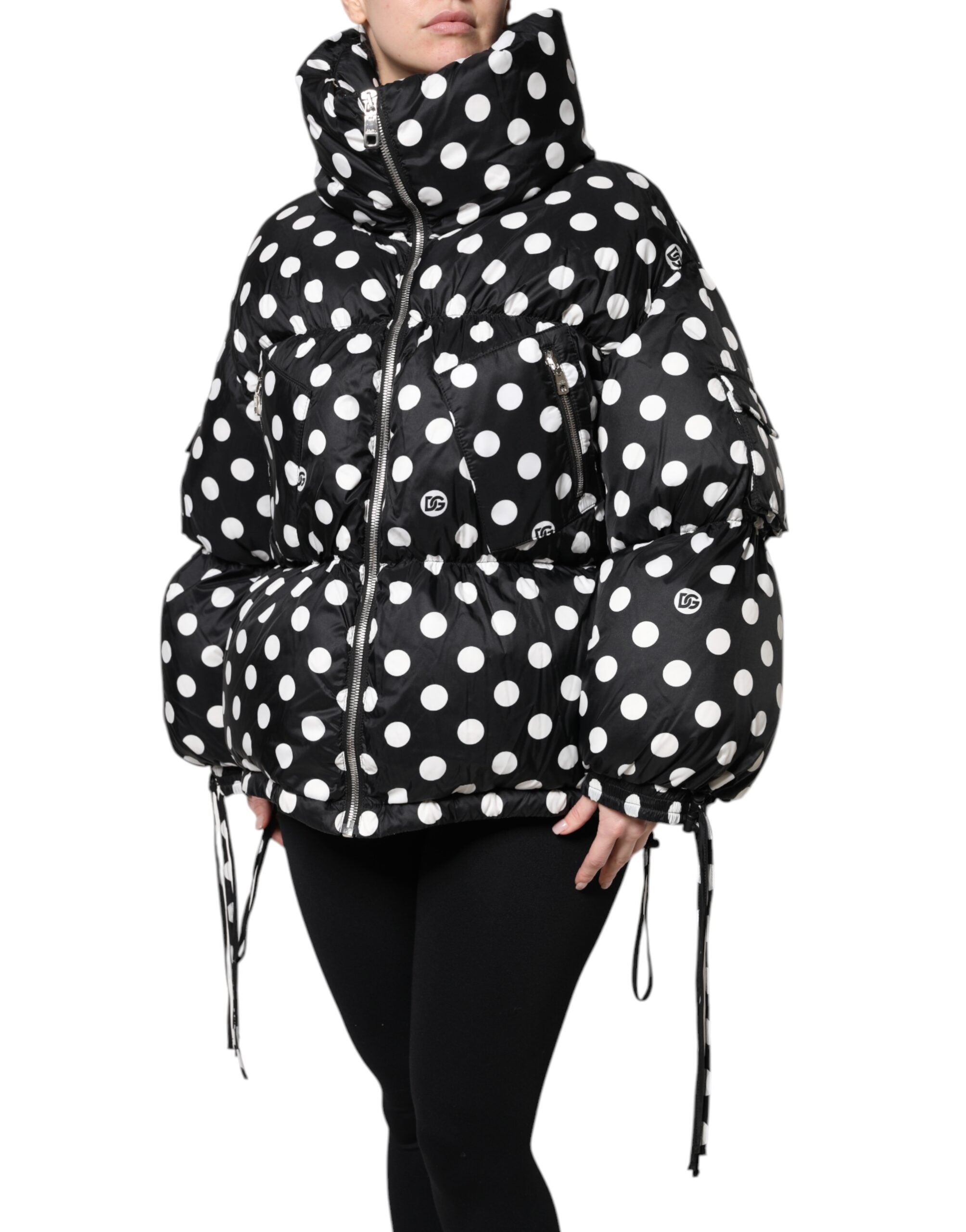 Black White Polka Dot Full Zip Puffer Jacket - ventzia