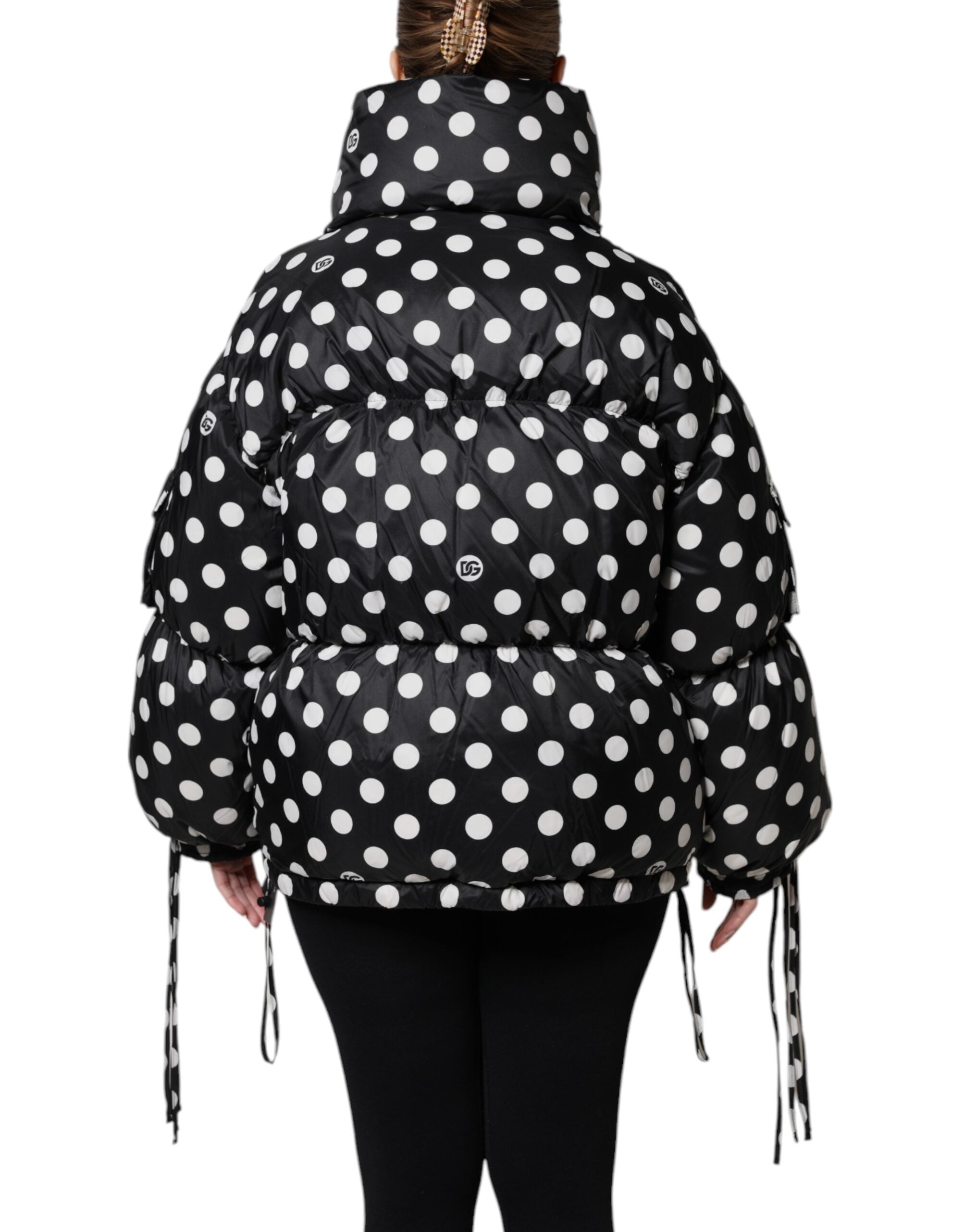 Black White Polka Dot Full Zip Puffer Jacket - ventzia