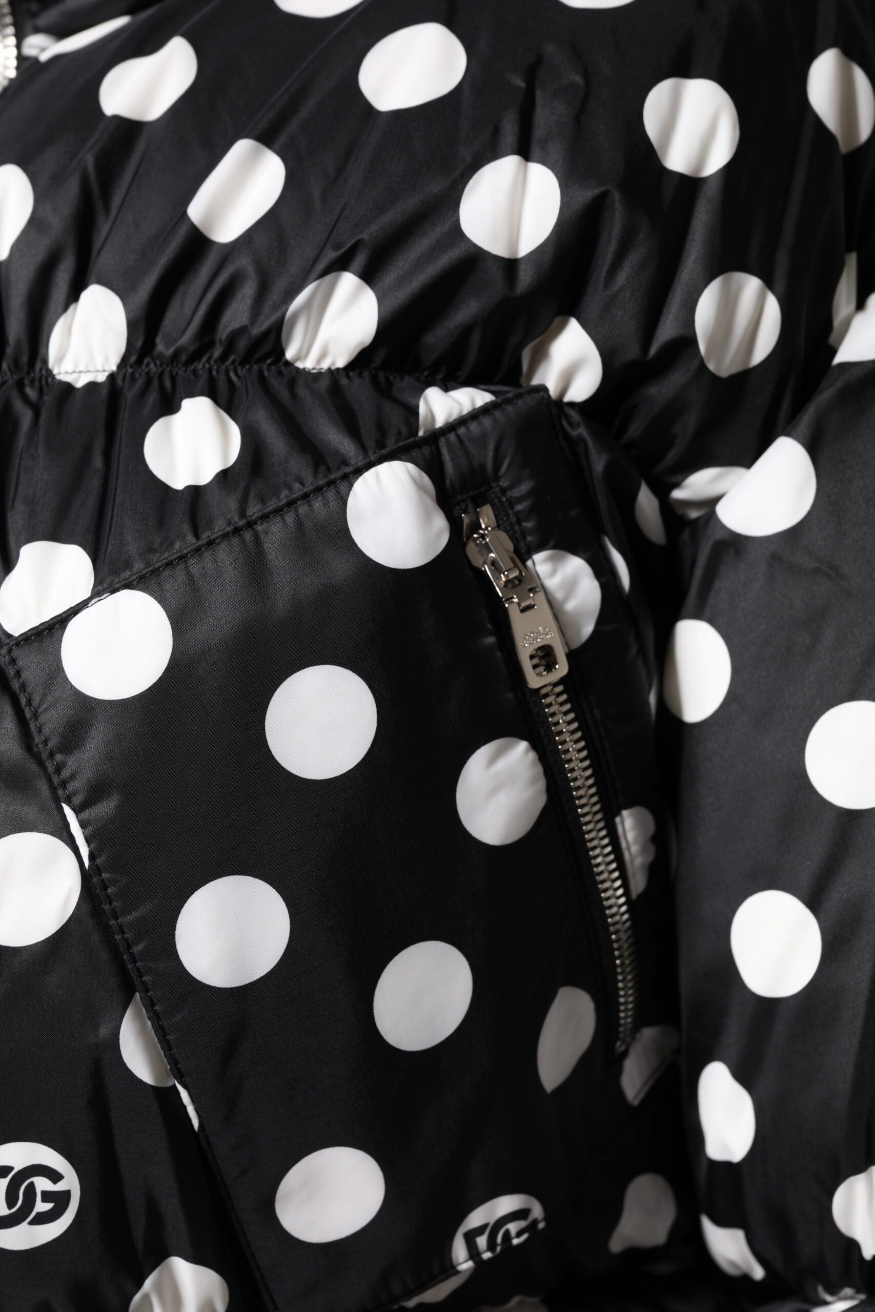 Black White Polka Dot Full Zip Puffer Jacket - ventzia