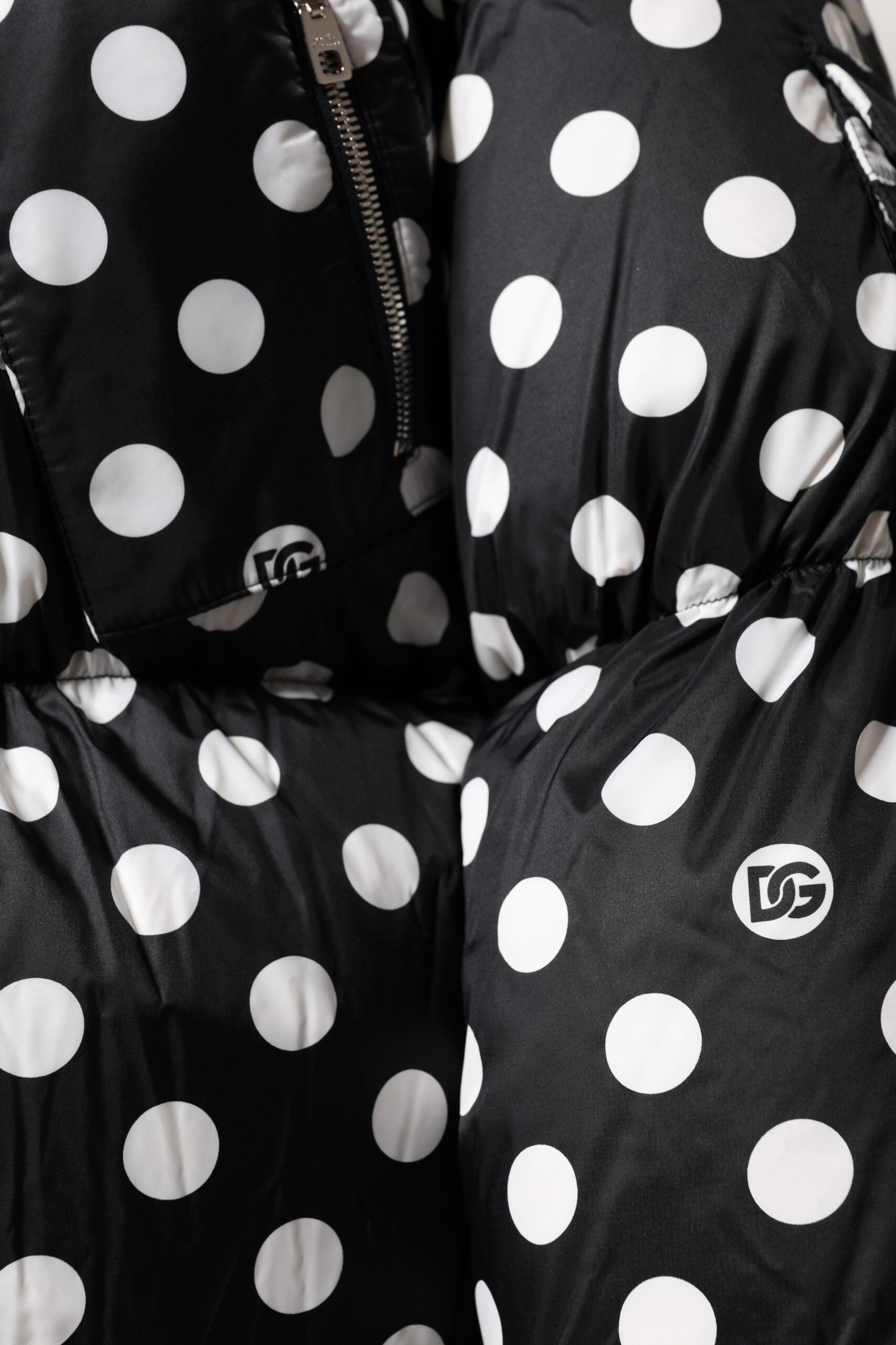 Black White Polka Dot Full Zip Puffer Jacket - ventzia