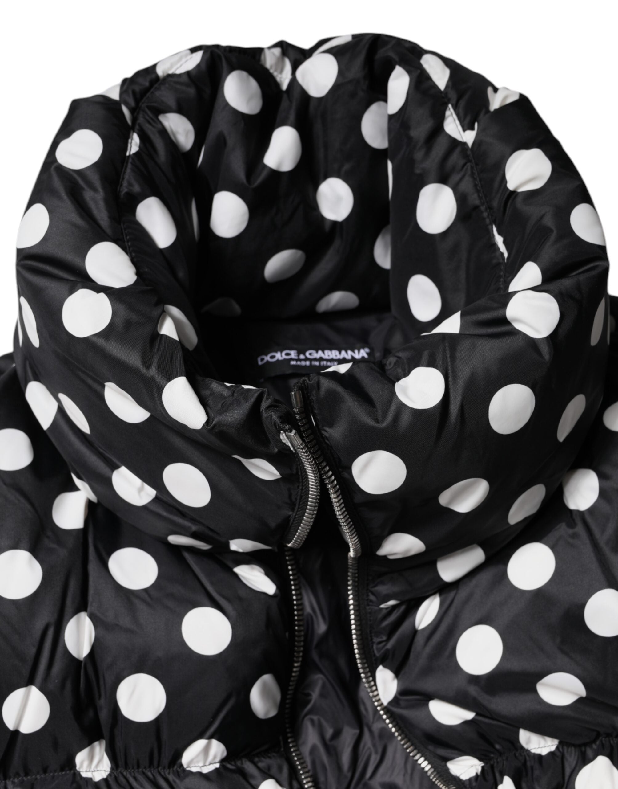 Black White Polka Dot Full Zip Puffer Jacket - ventzia