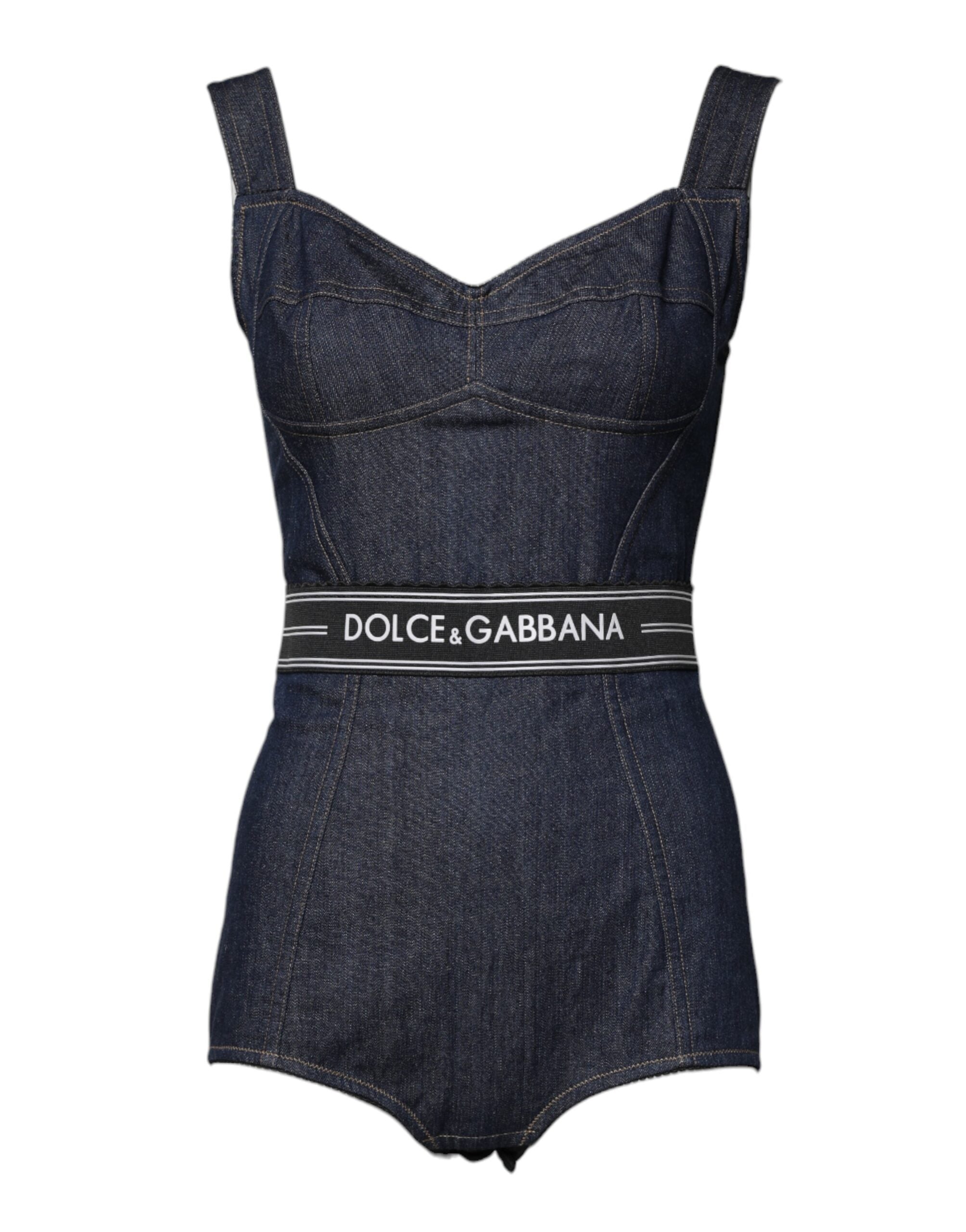 Blue Cotton Stretch Sleeveless Bodycon Denim Bodysuit - ventzia