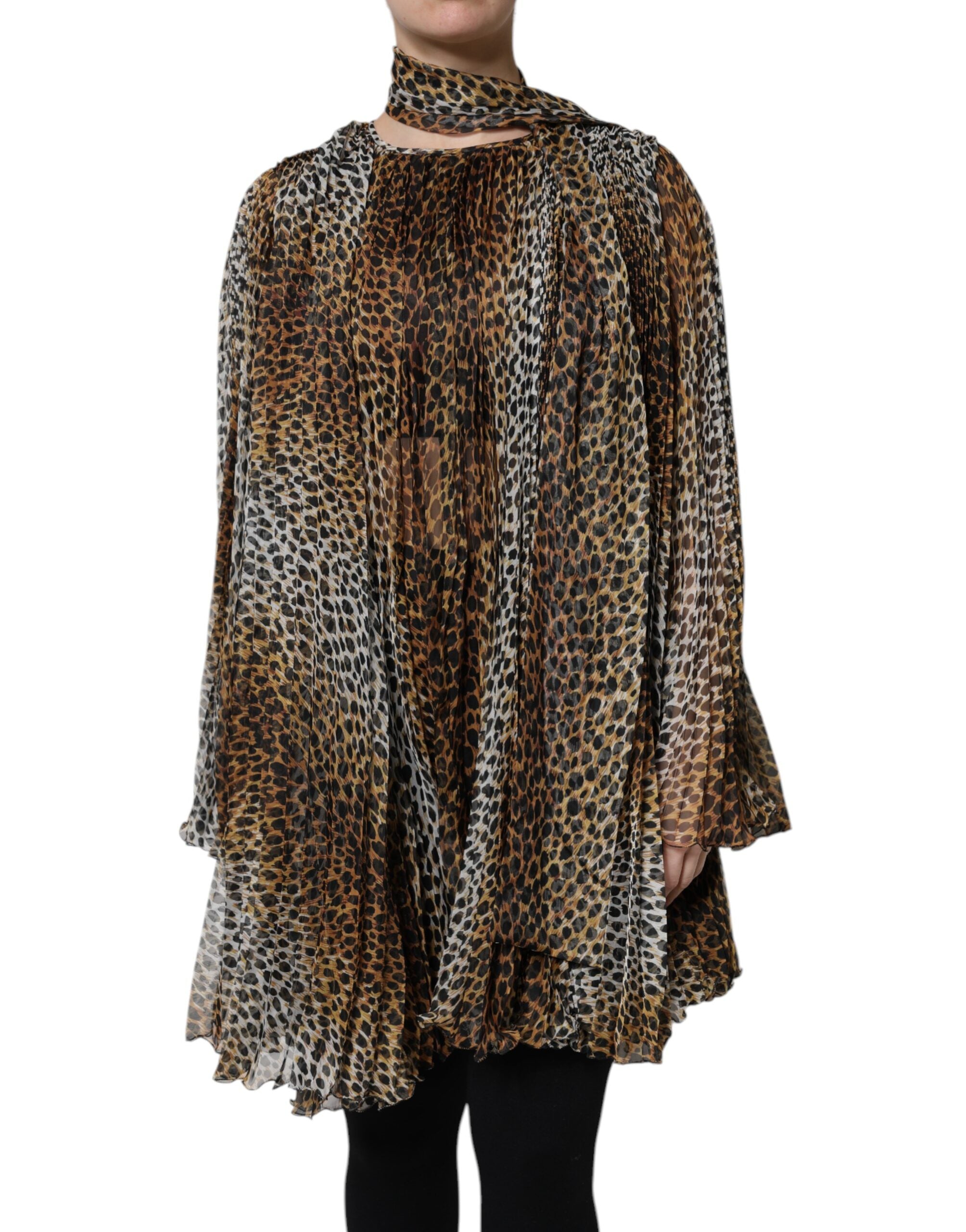 Brown Leopard Print Scarf Collared Chiffon Dress - ventzia