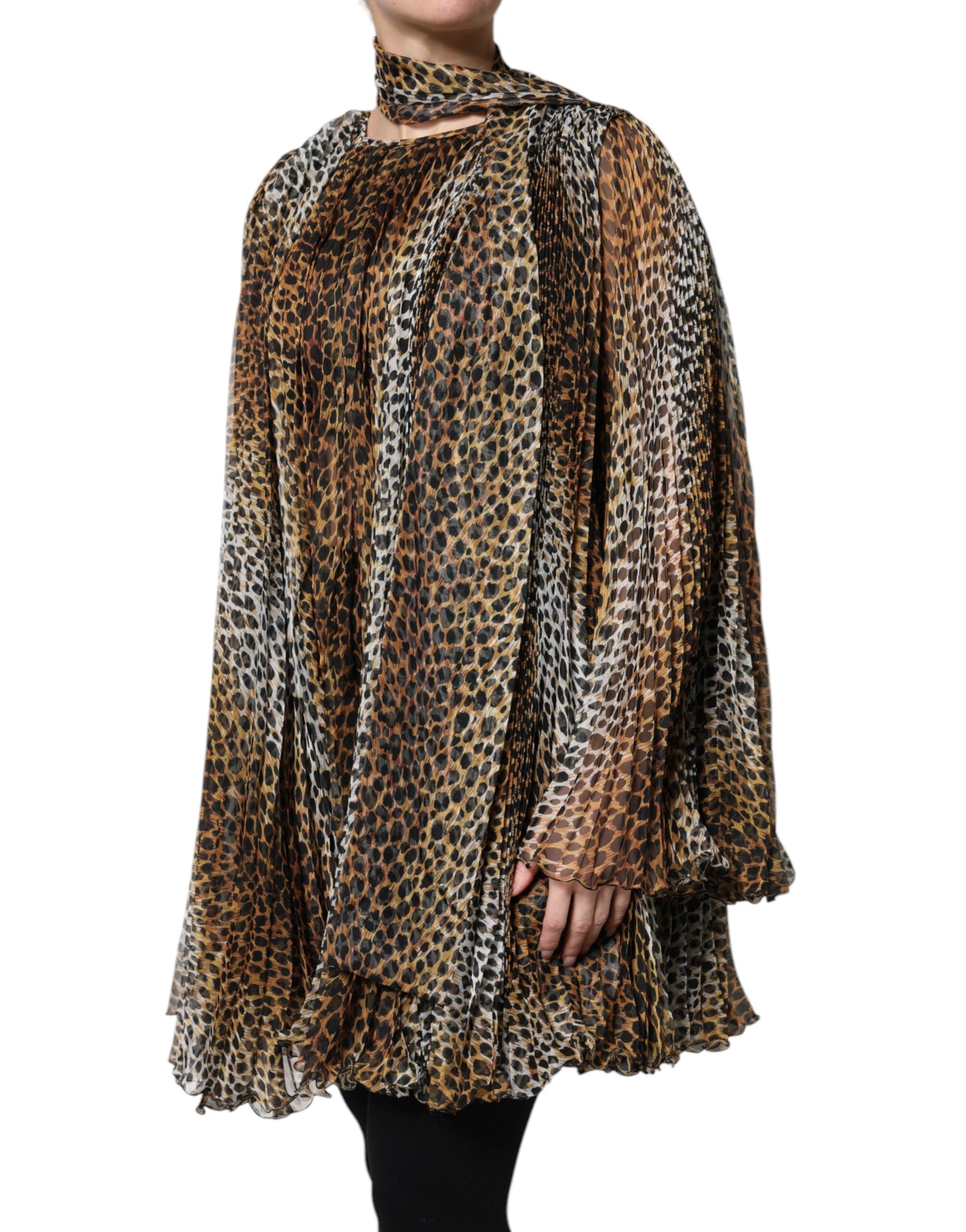 Brown Leopard Print Scarf Collared Chiffon Dress - ventzia