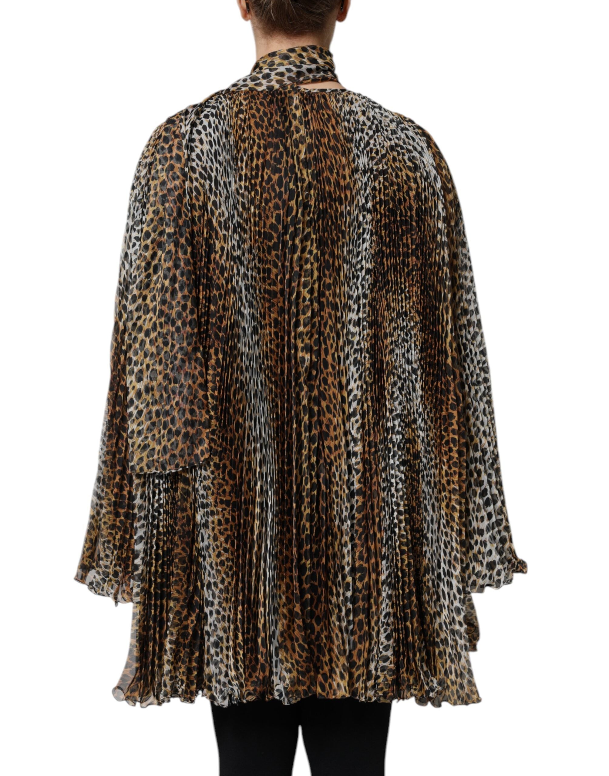 Brown Leopard Print Scarf Collared Chiffon Dress - ventzia