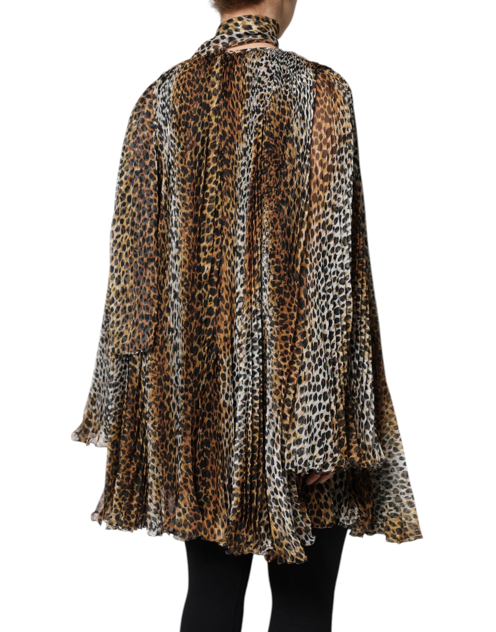 Brown Leopard Print Scarf Collared Chiffon Dress - ventzia