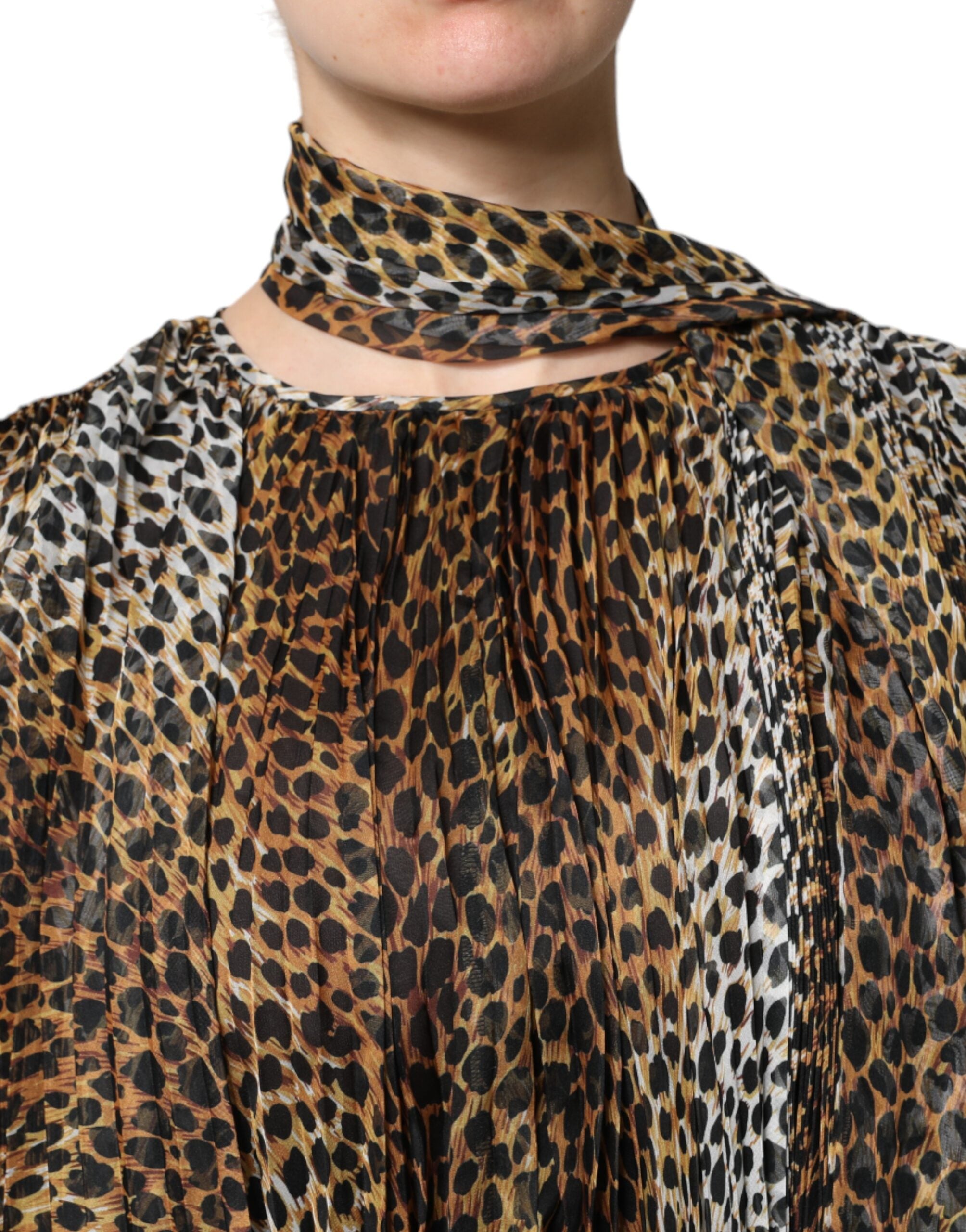 Brown Leopard Print Scarf Collared Chiffon Dress - ventzia