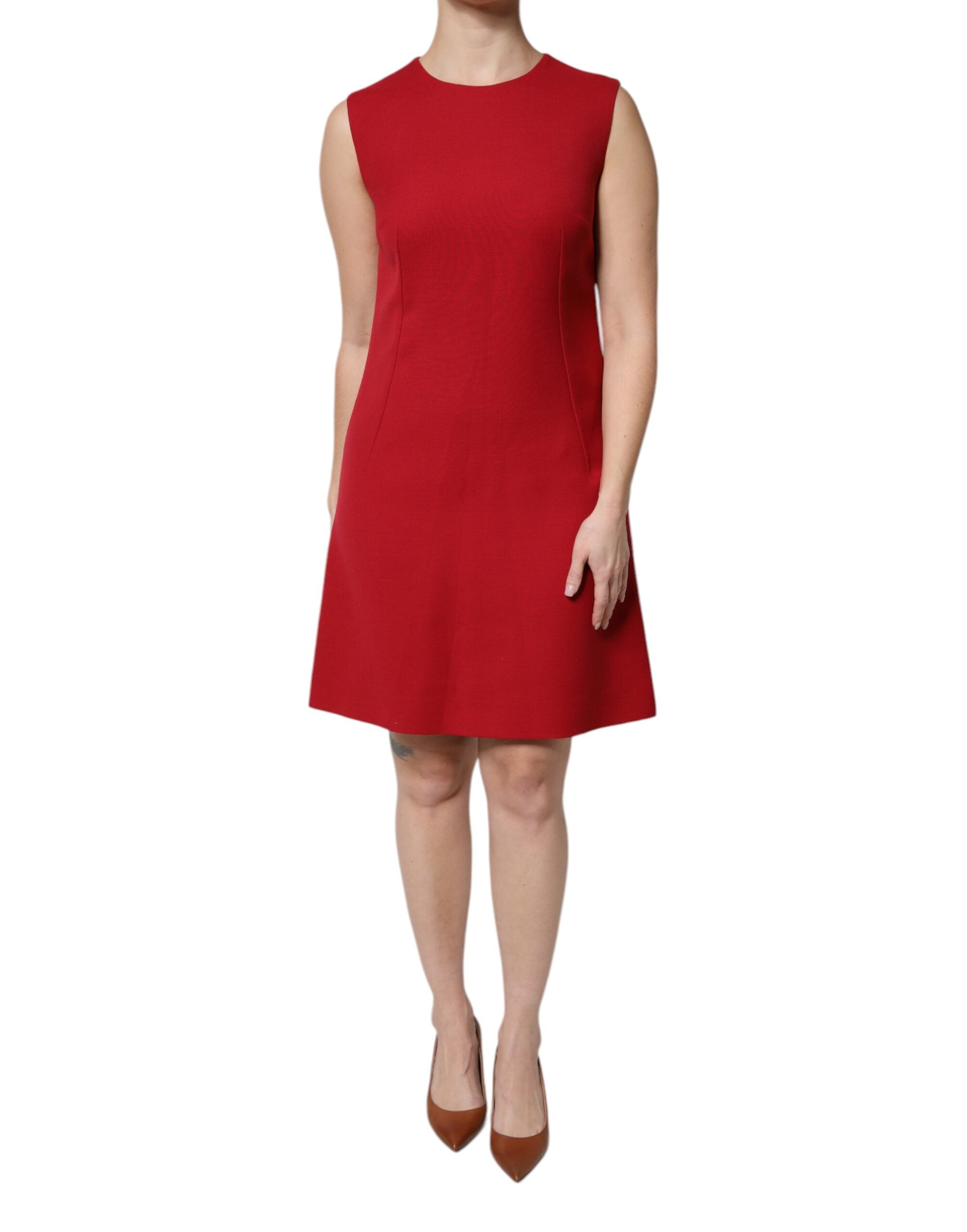 Red Wool Sleeveless Knee Length A-line Dress - ventzia