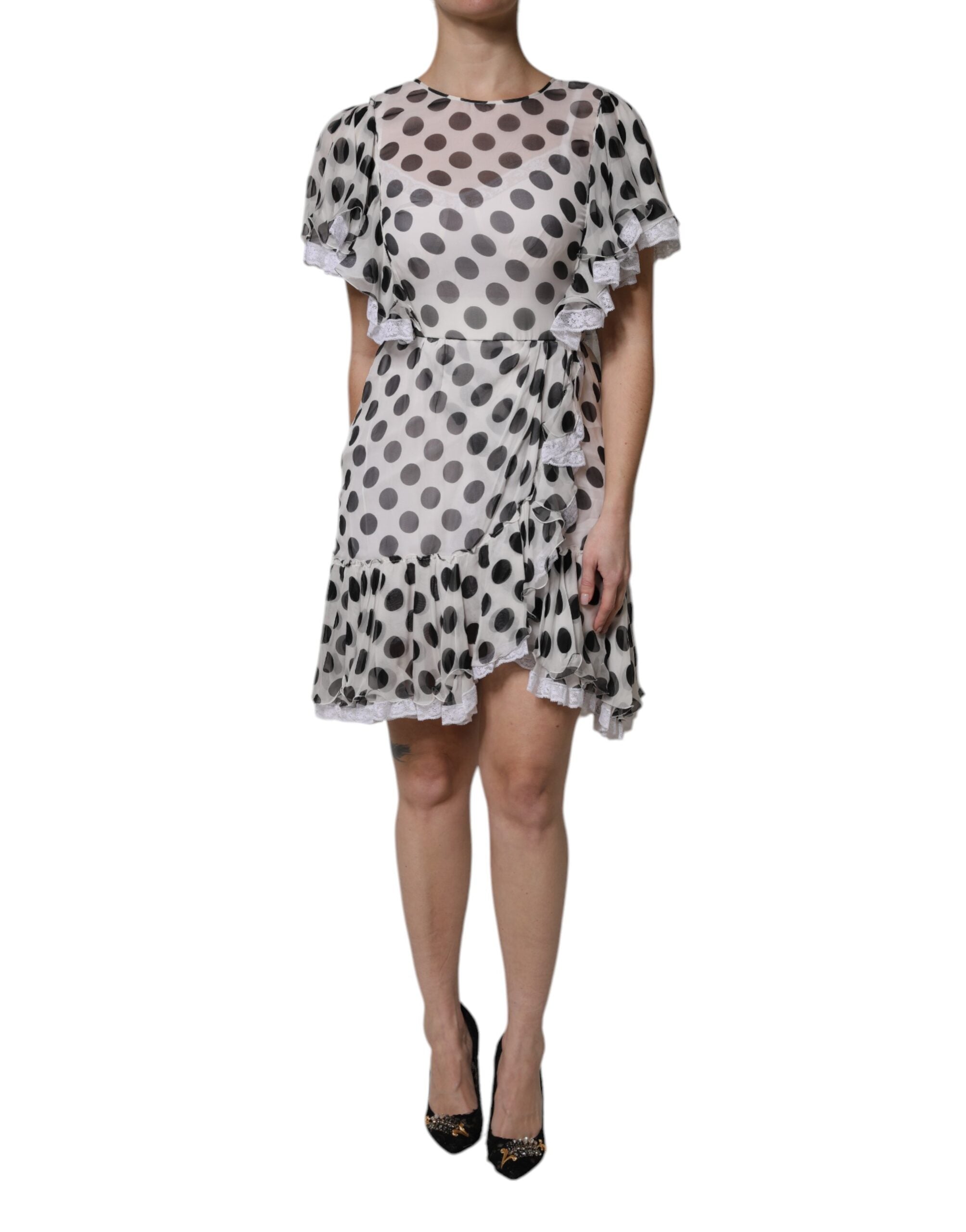 White Polka Dotted Silk Blend A-line Dress - ventzia