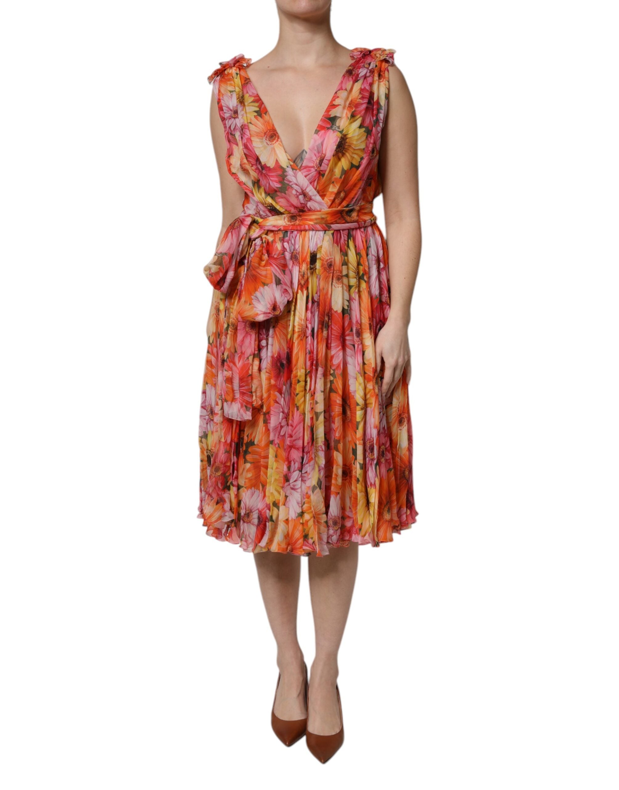 Multicolor Floral Silk V-neck Chiffon Dress - ventzia