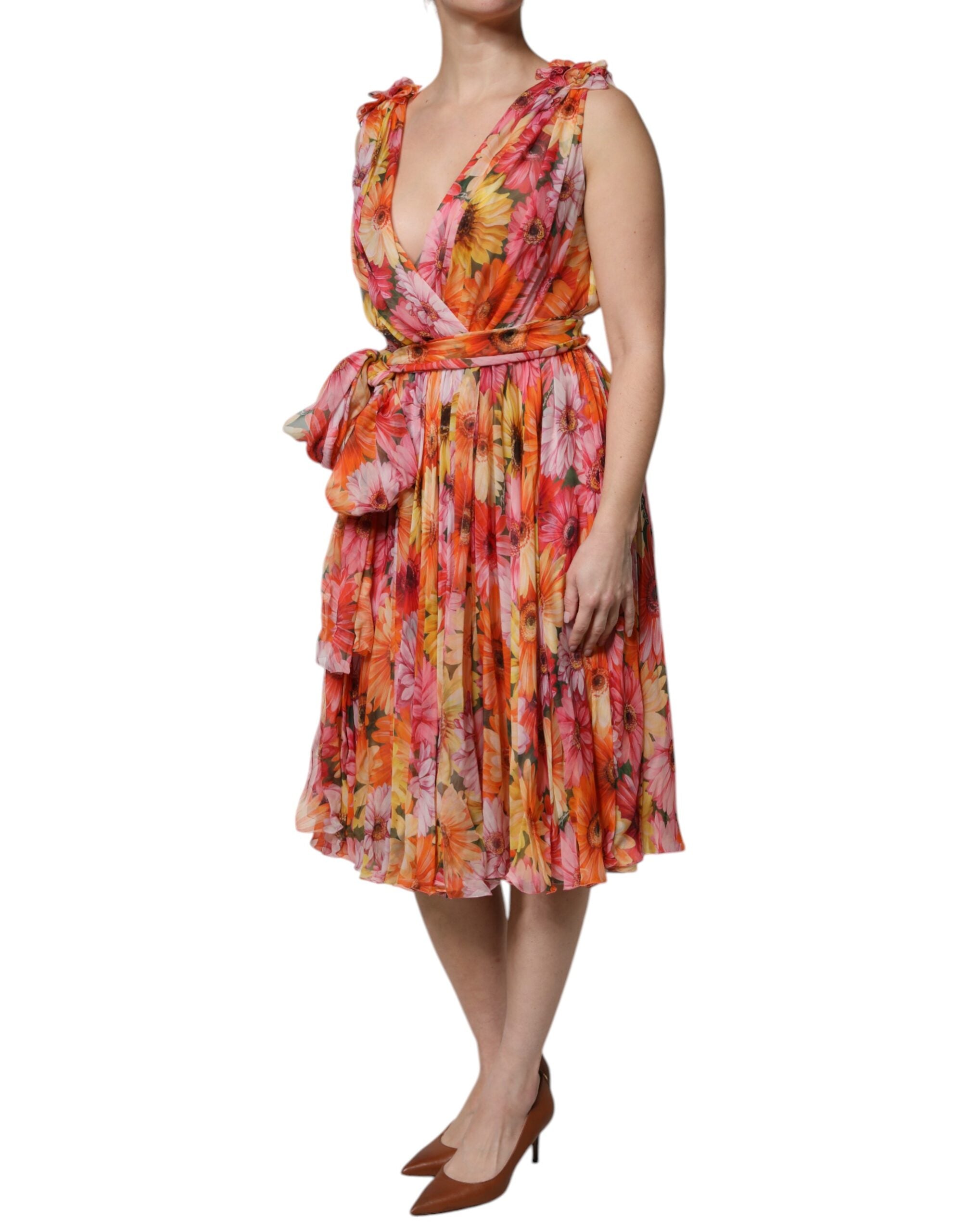 Multicolor Floral Silk V-neck Chiffon Dress - ventzia