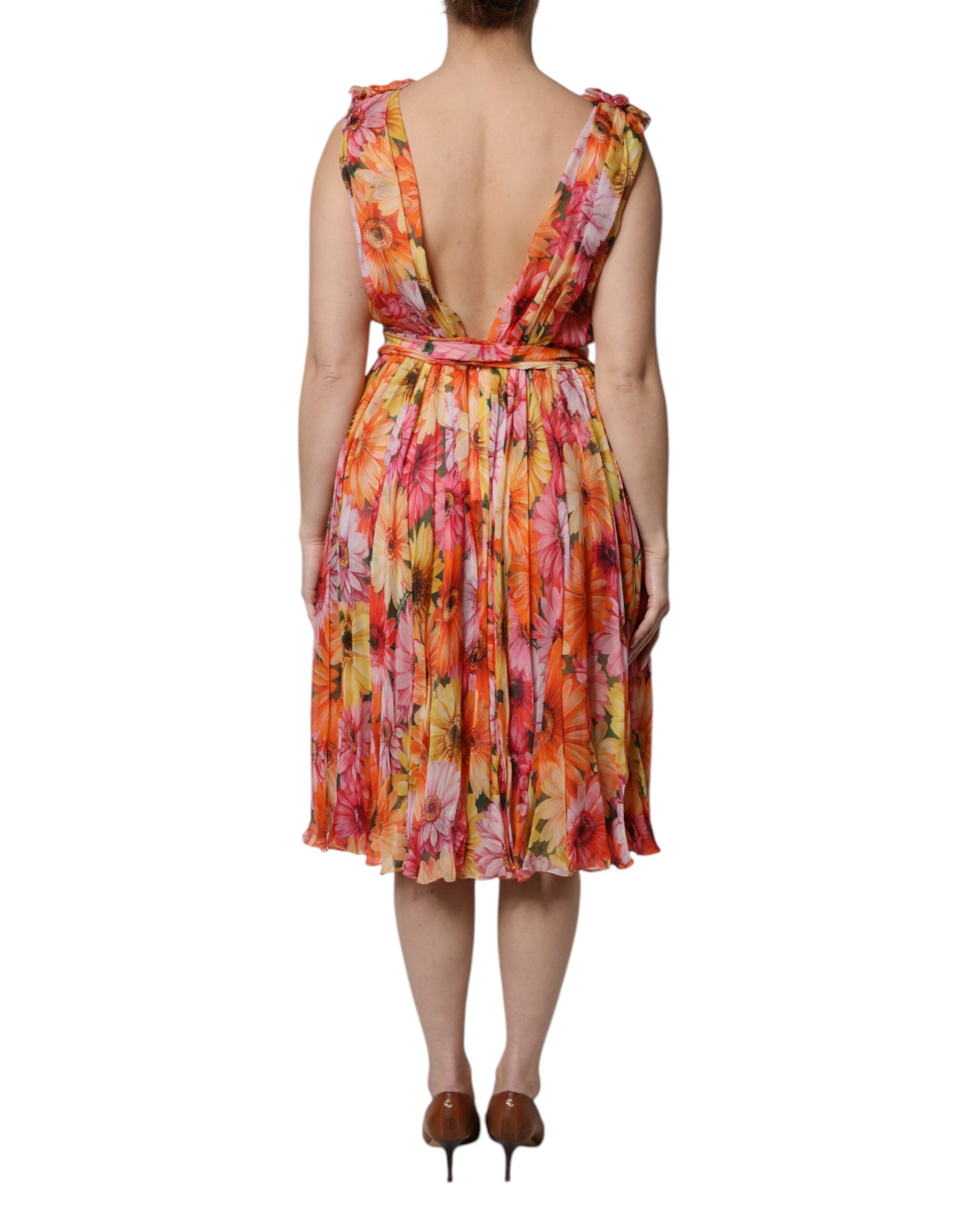 Multicolor Floral Silk V-neck Chiffon Dress - ventzia