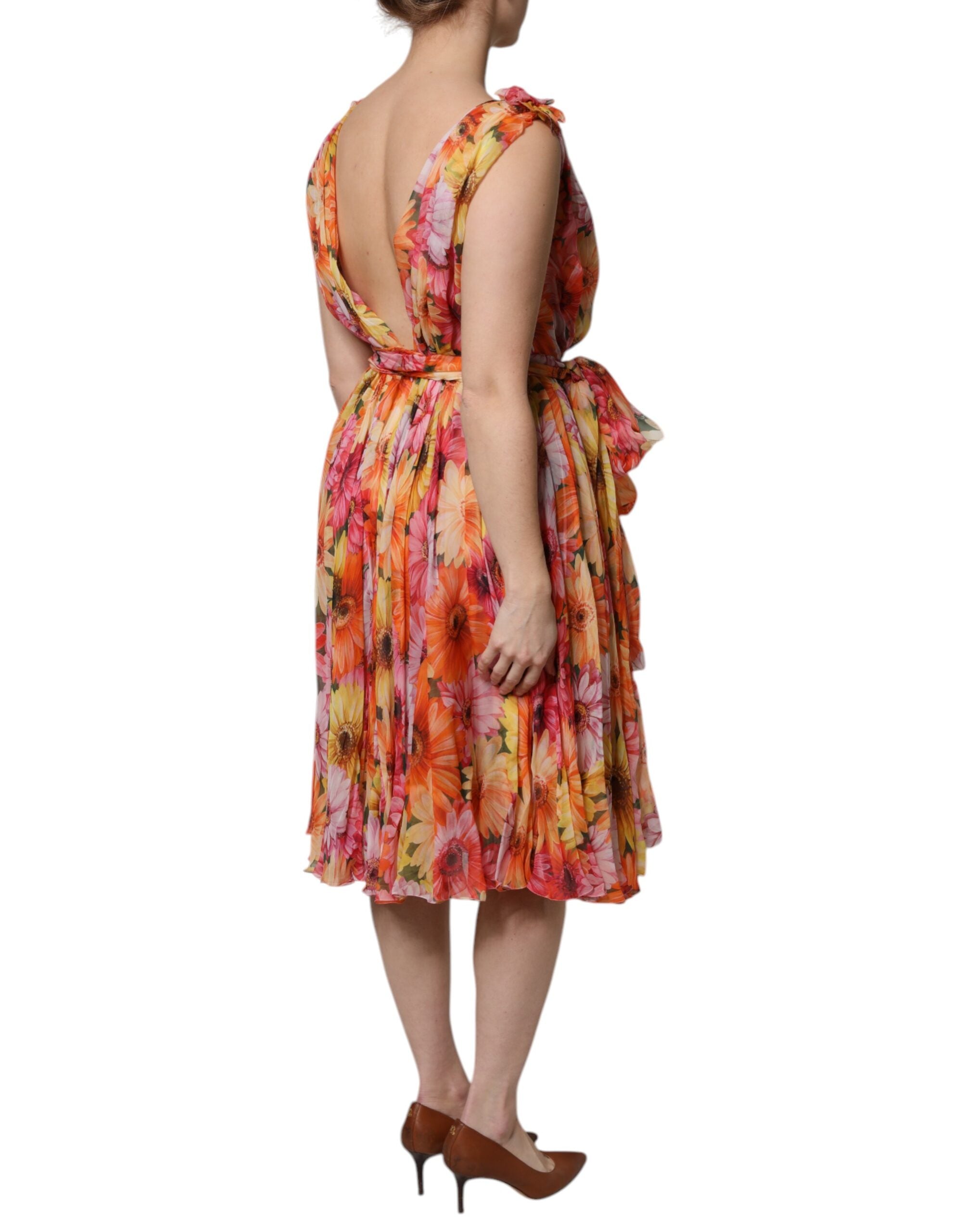 Multicolor Floral Silk V-neck Chiffon Dress - ventzia