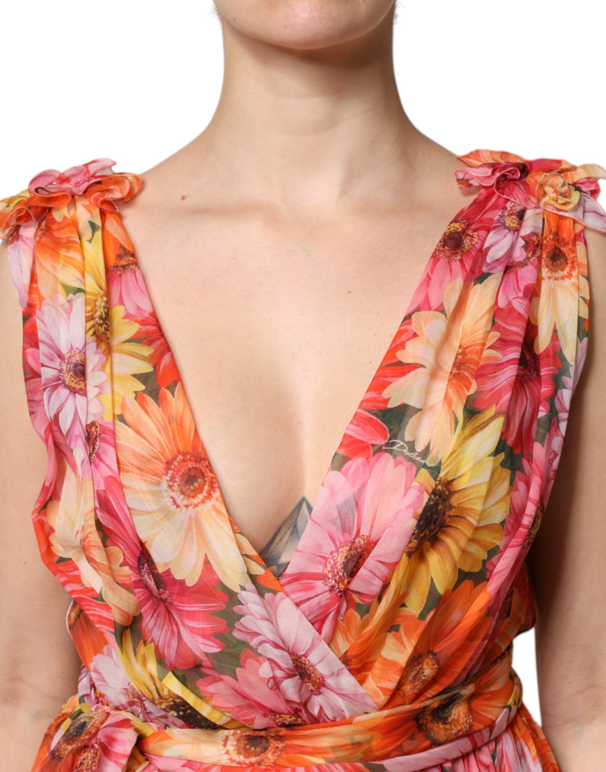 Multicolor Floral Silk V-neck Chiffon Dress - ventzia