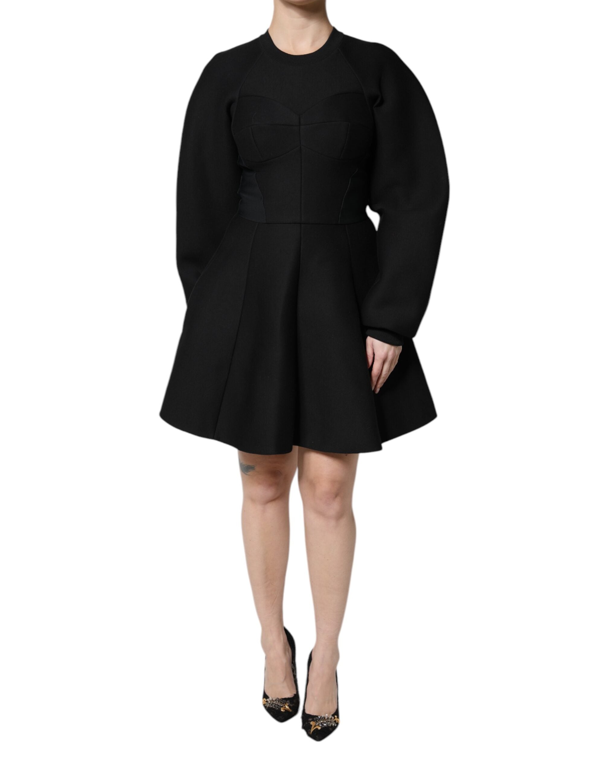 Black Cotton Long Sleeves A-line Mini Dress - ventzia