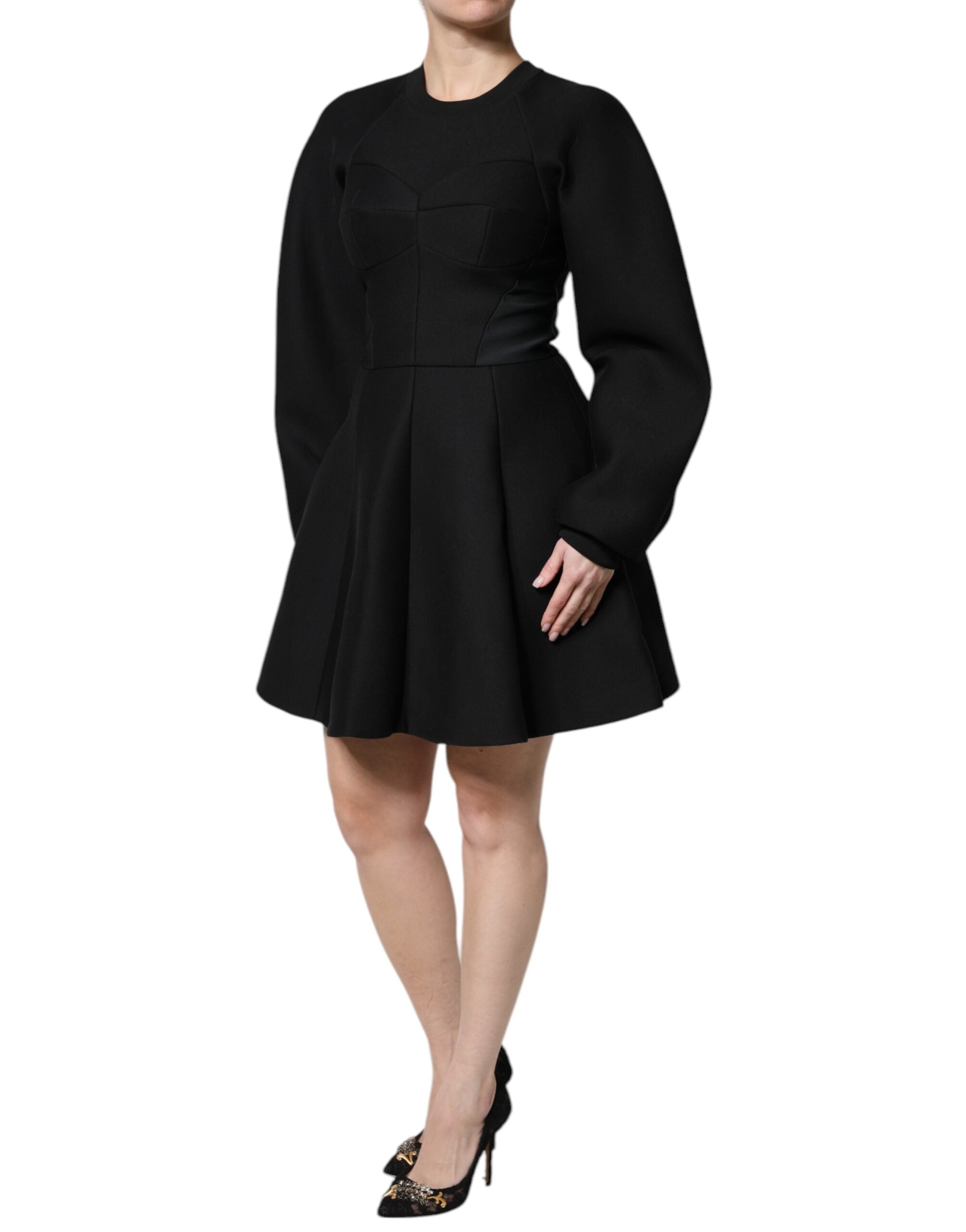 Black Cotton Long Sleeves A-line Mini Dress - ventzia