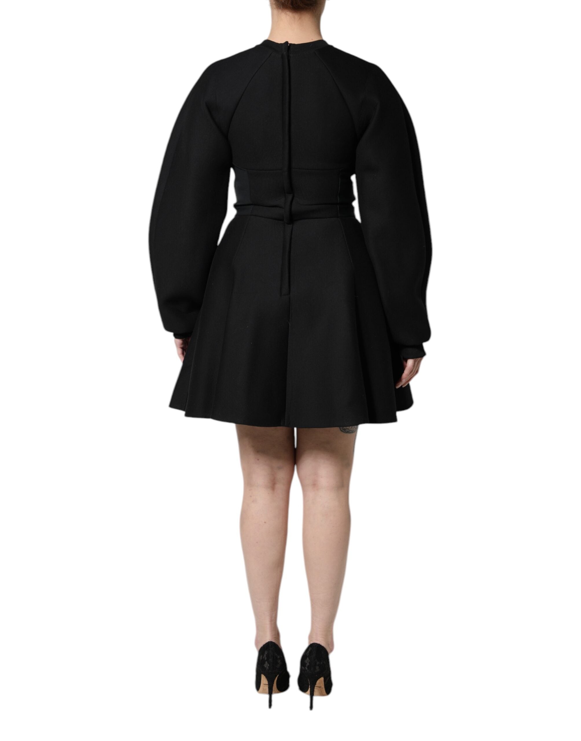 Black Cotton Long Sleeves A-line Mini Dress - ventzia