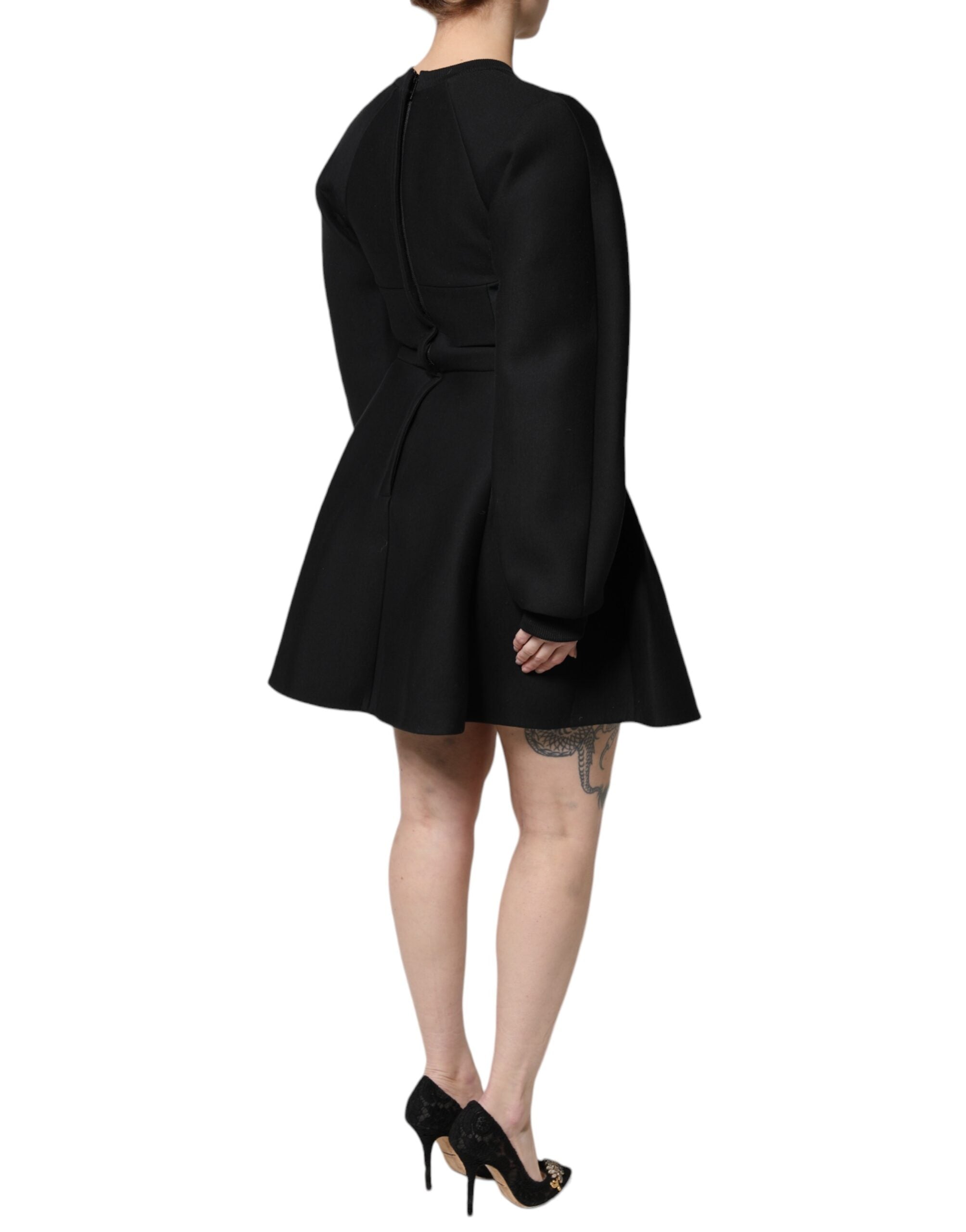 Black Cotton Long Sleeves A-line Mini Dress - ventzia