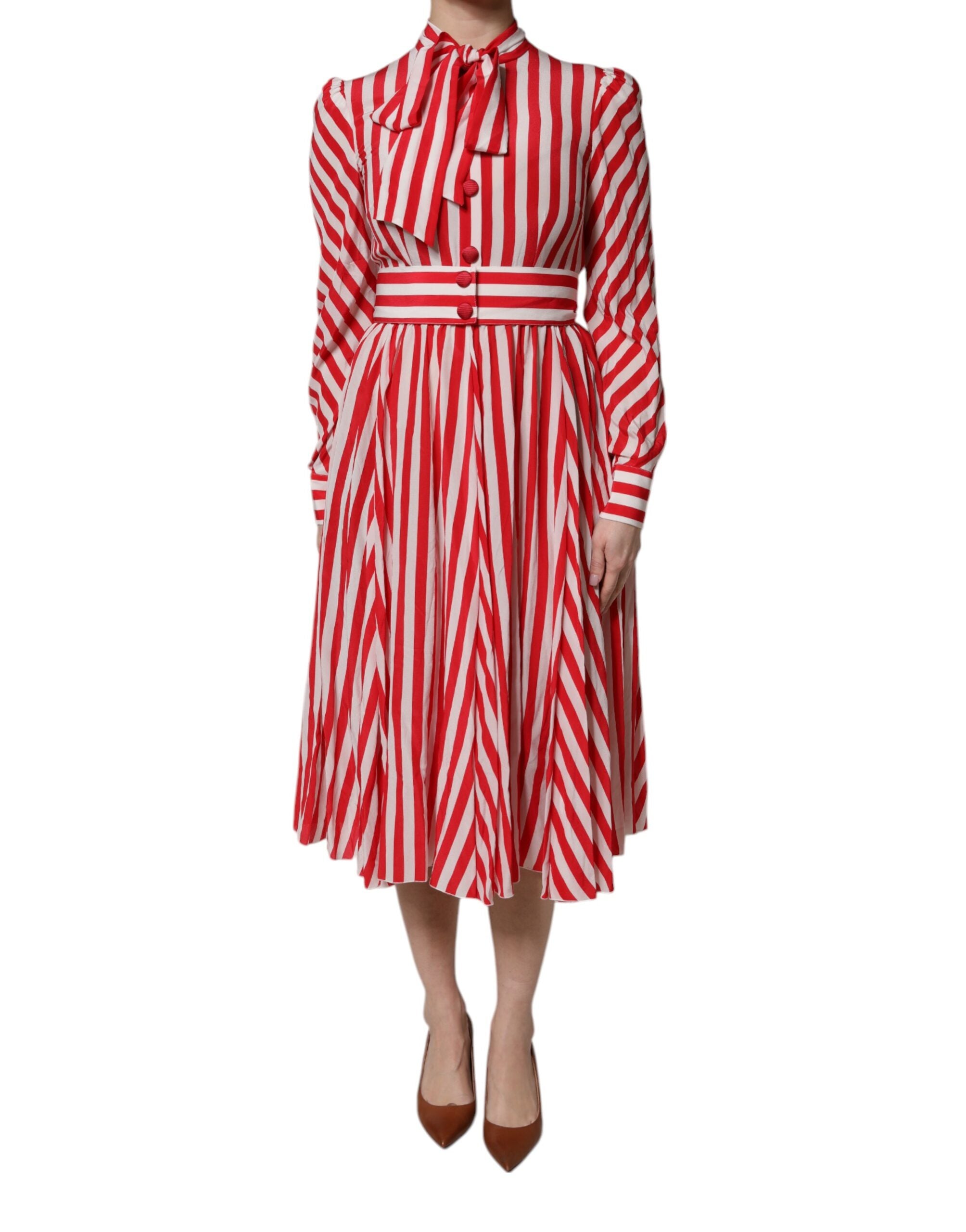 White Red Stripes Long Sleeves Midi Dress - ventzia