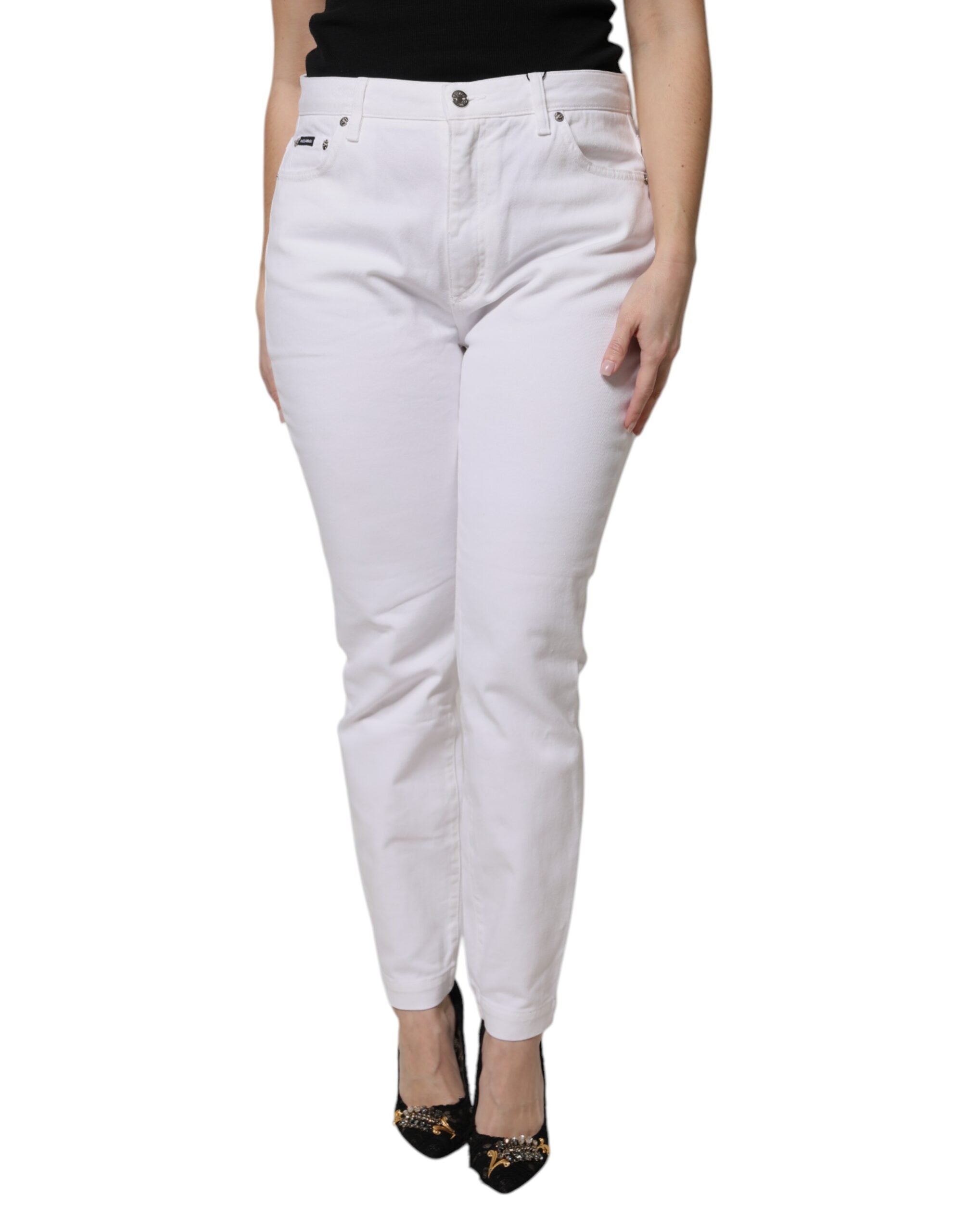White Cotton Mid Waist Skinny Denim Jeans - ventzia