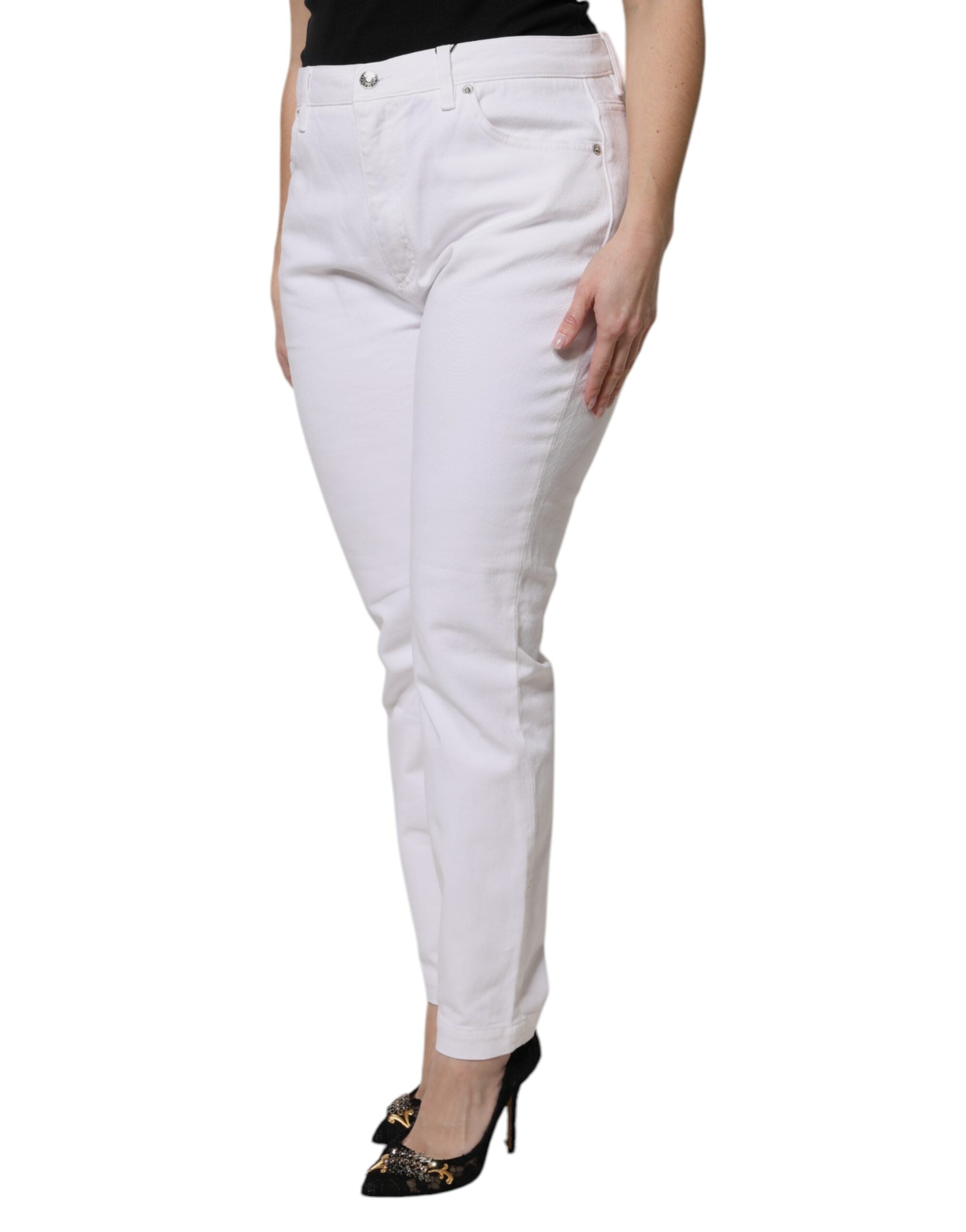 White Cotton Mid Waist Skinny Denim Jeans - ventzia