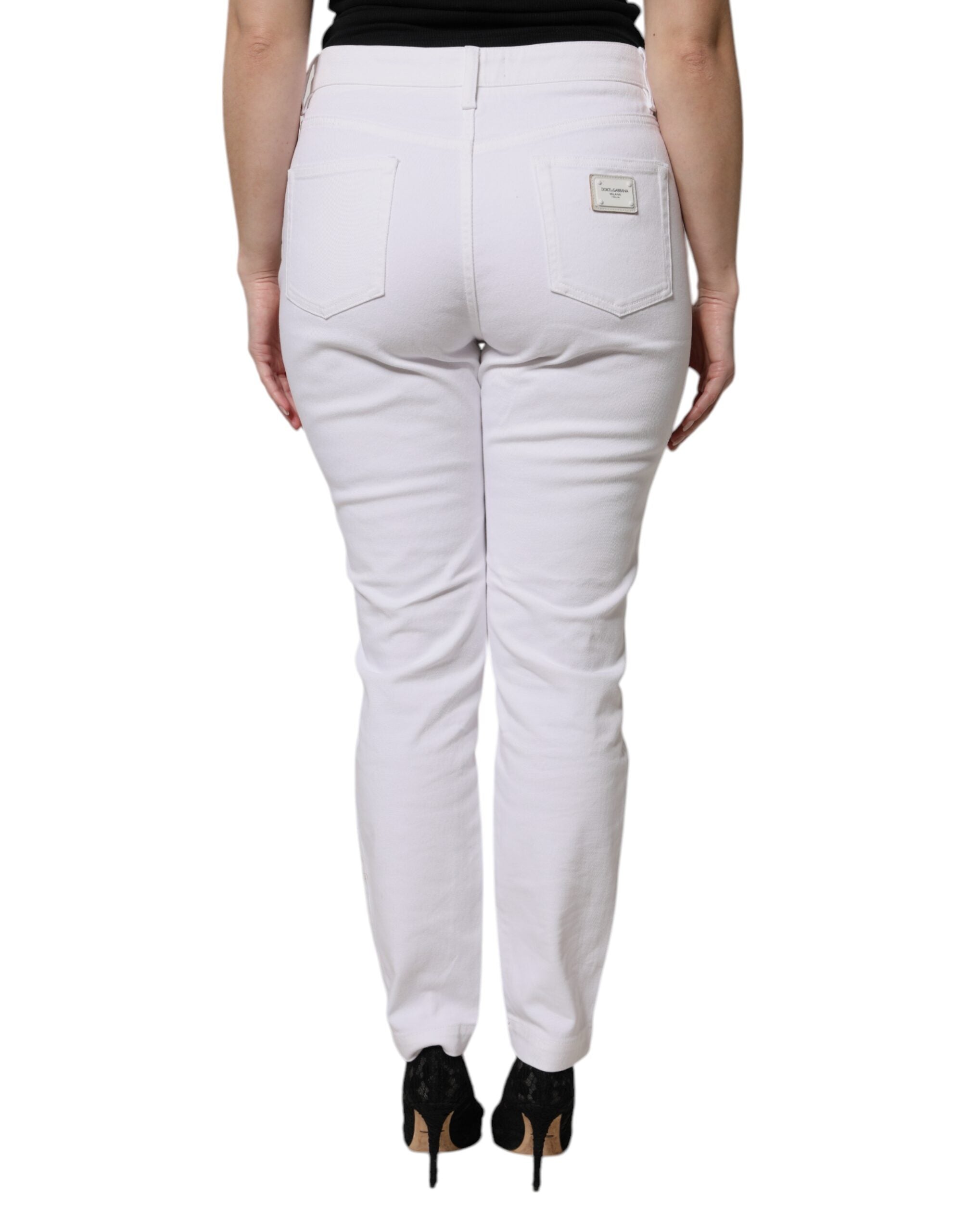 White Cotton Mid Waist Skinny Denim Jeans - ventzia