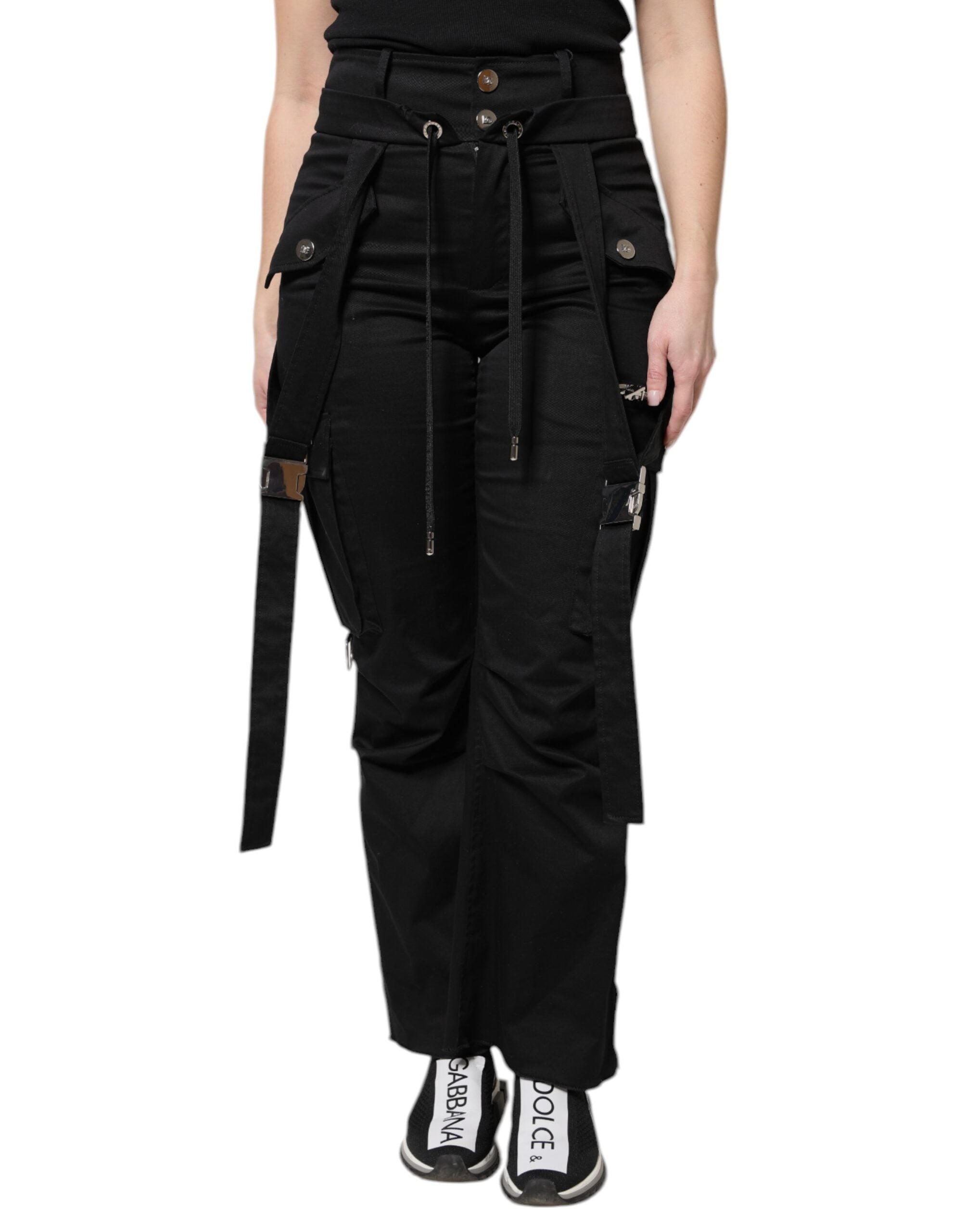 Black Cotton High Waist Cargo Pants - ventzia