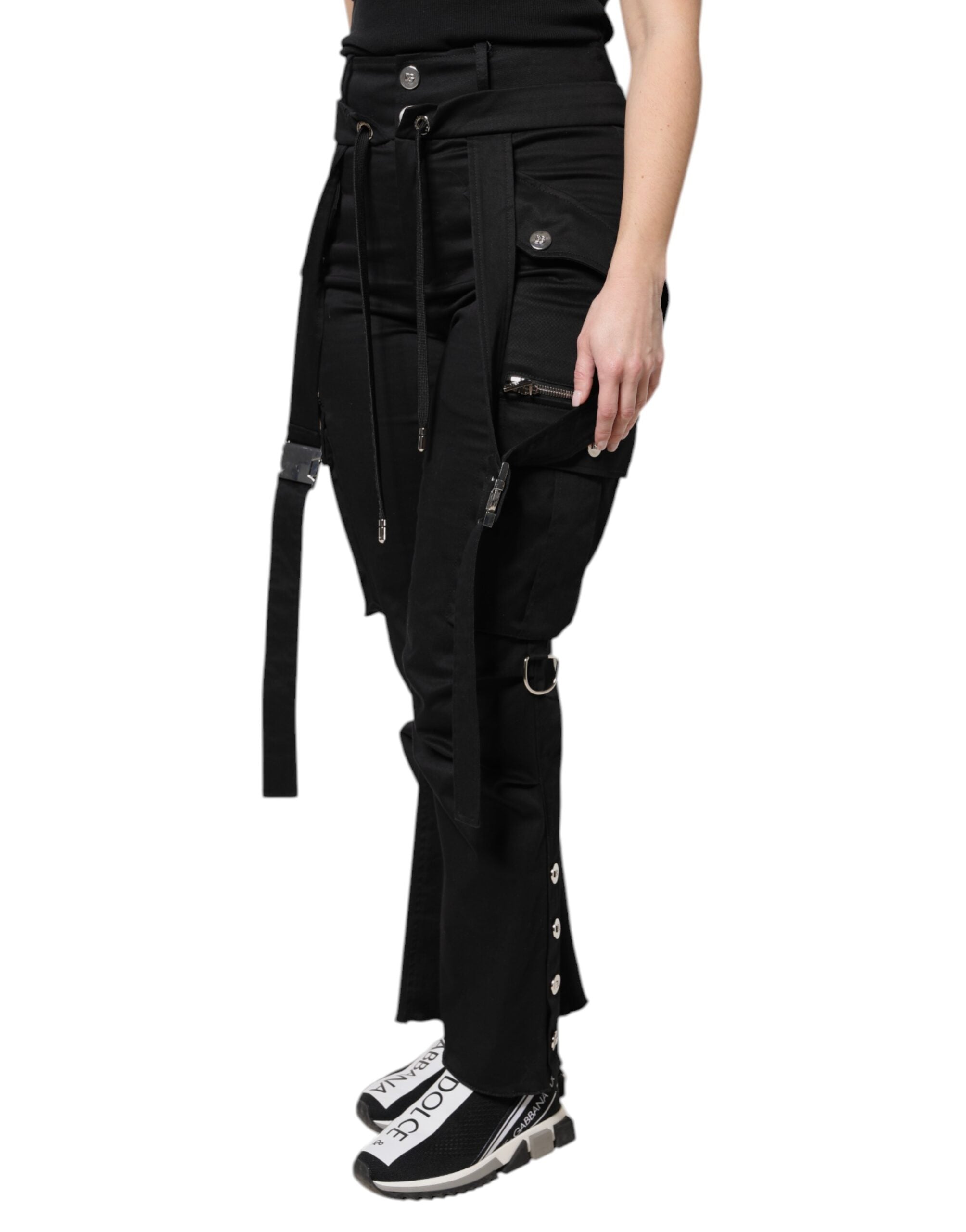 Black Cotton High Waist Cargo Pants - ventzia