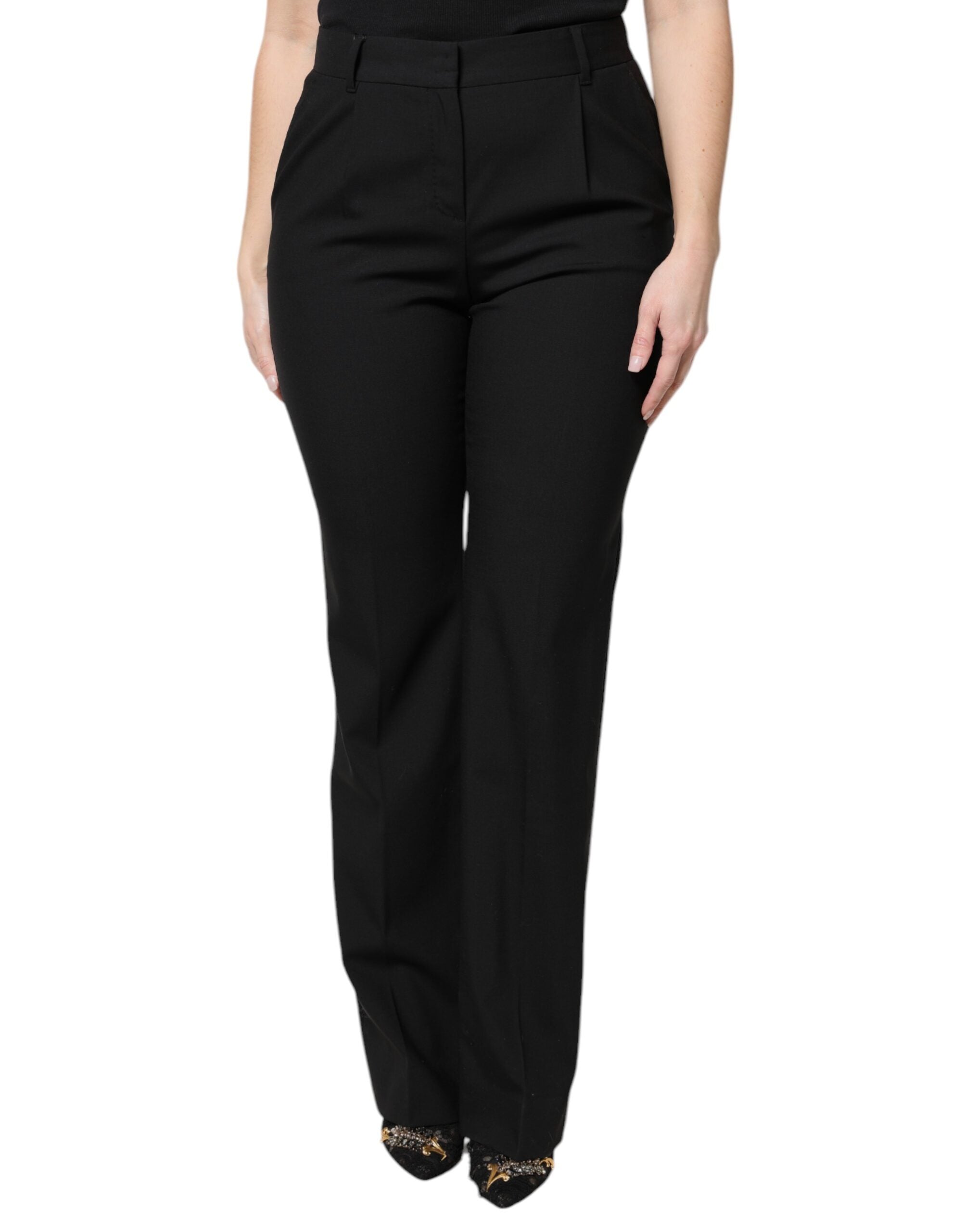 Black Wool High Waist Boot Cut Dress Pants - ventzia