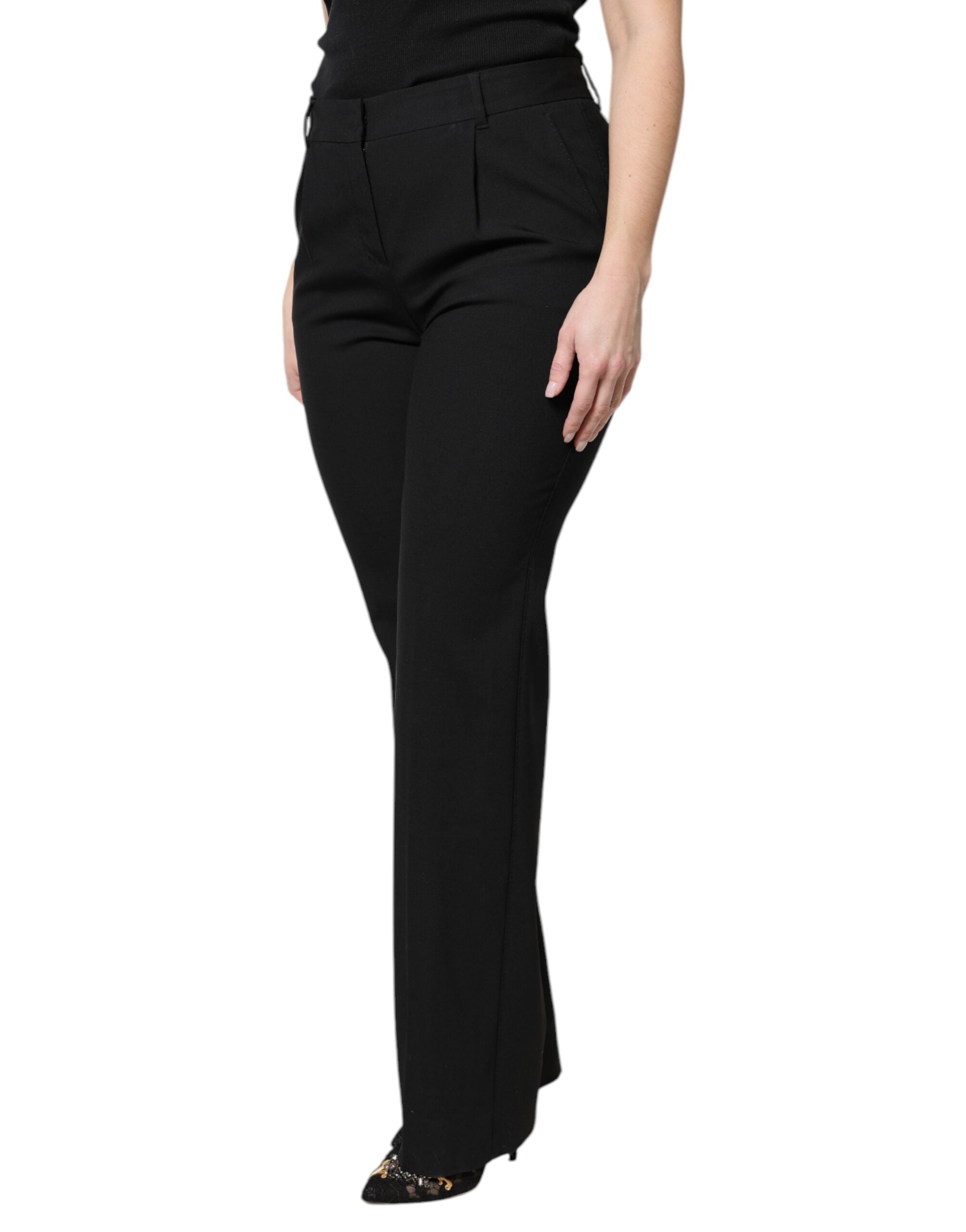 Black Wool High Waist Boot Cut Dress Pants - ventzia