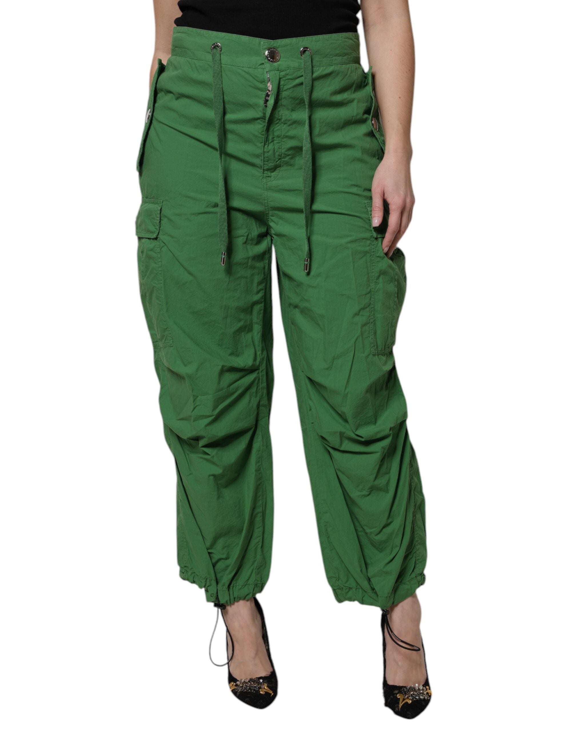 Green Cotton High Waist Cargo Pants - ventzia