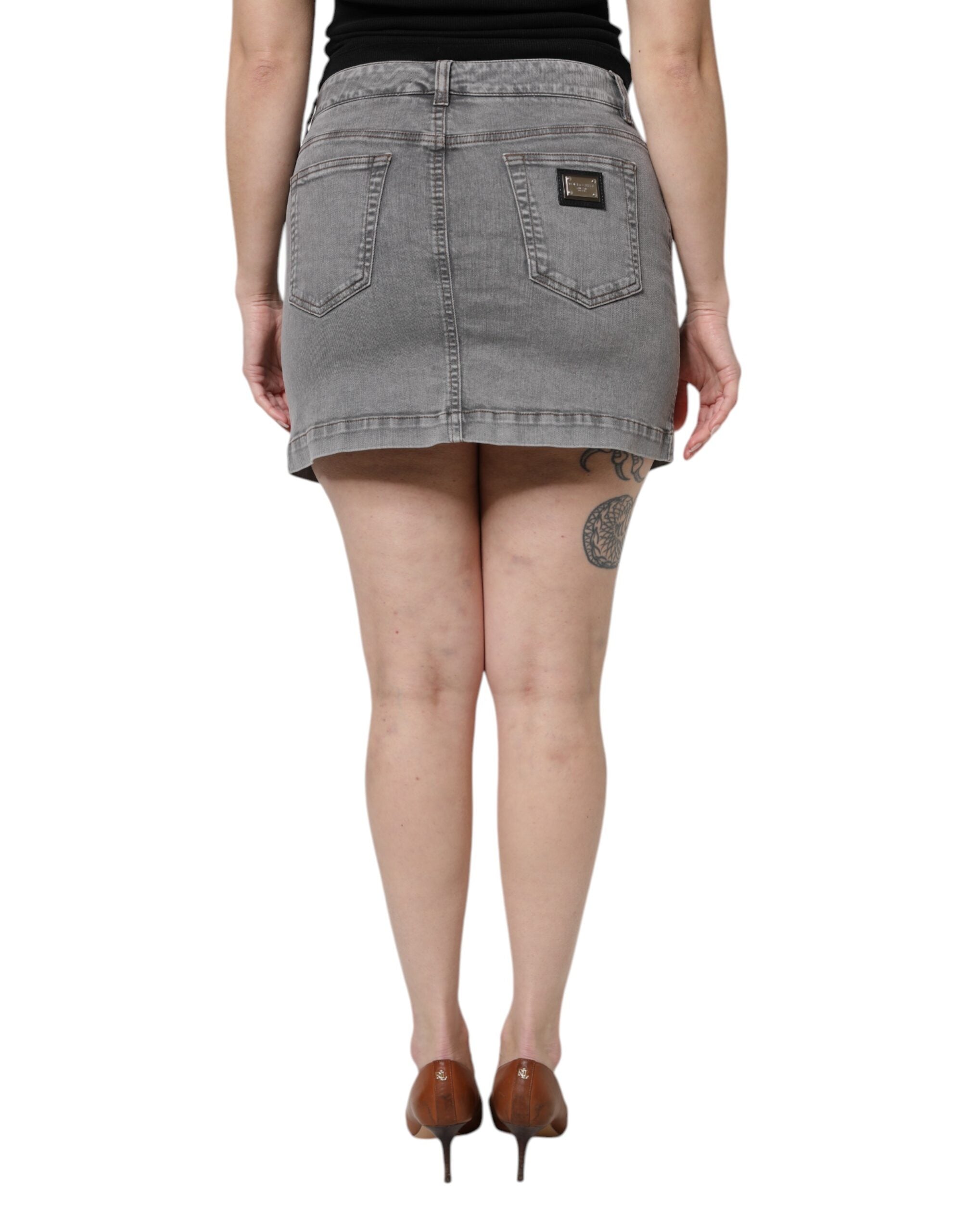Gray Cotton Stretch Mid Waist Denim Mini Skirt - ventzia