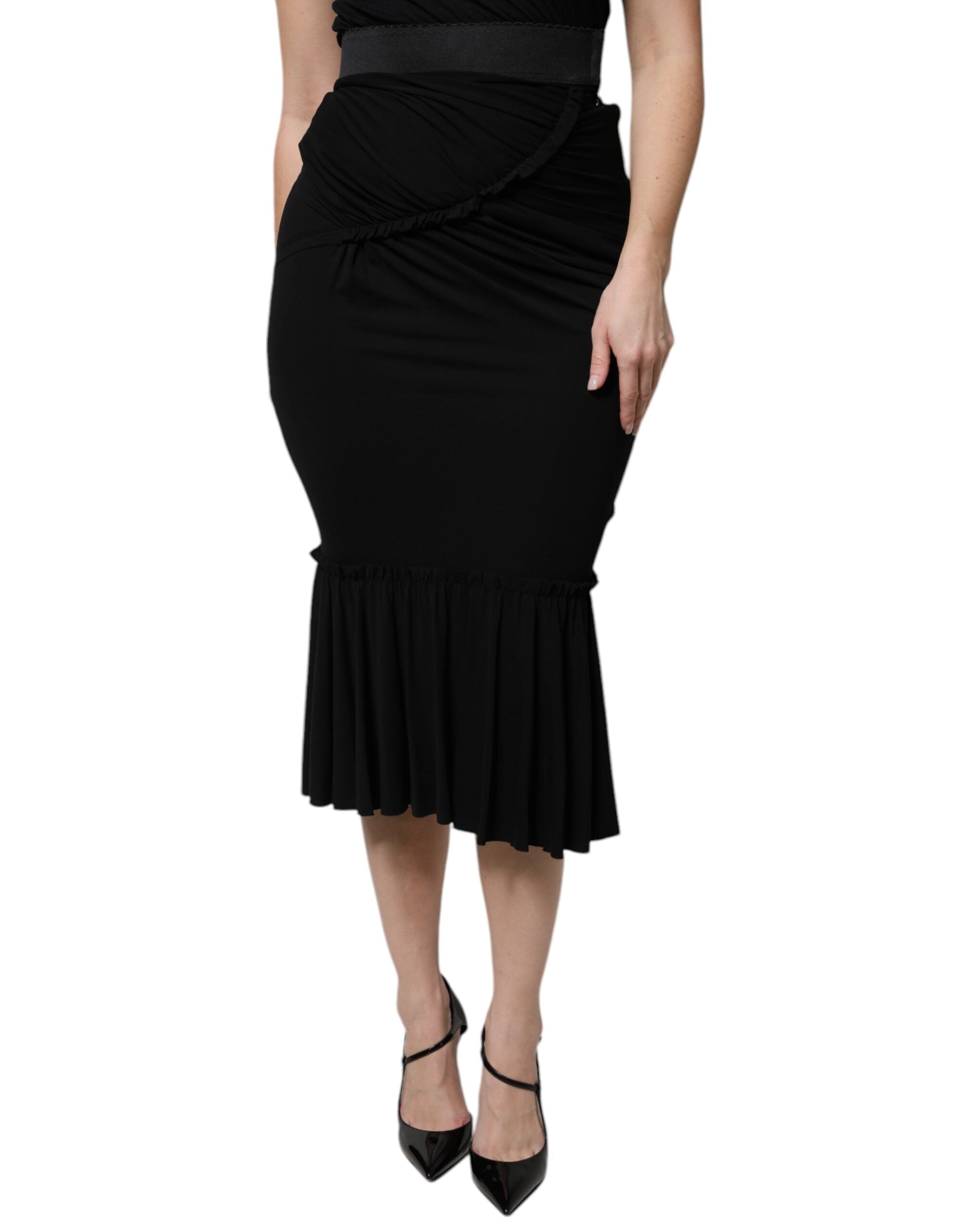 Black Mermaid Cut High Waist Midi Skirt - ventzia