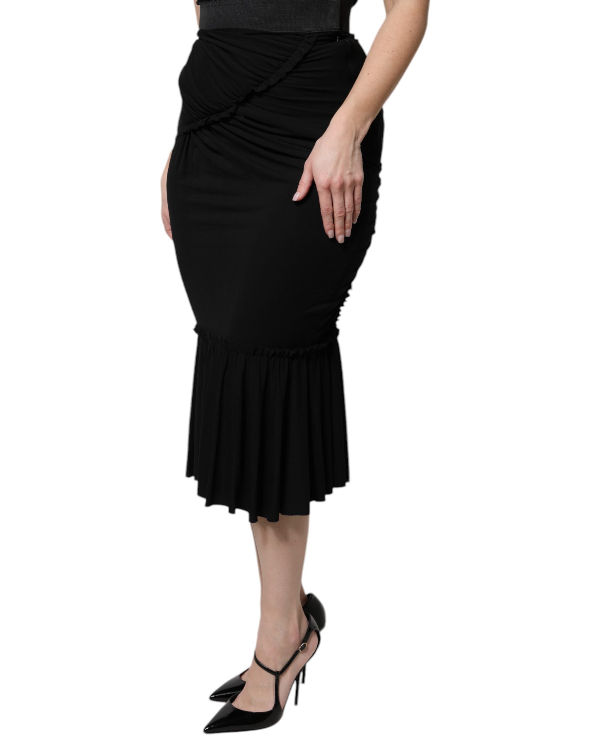 Black Mermaid Cut High Waist Midi Skirt - ventzia