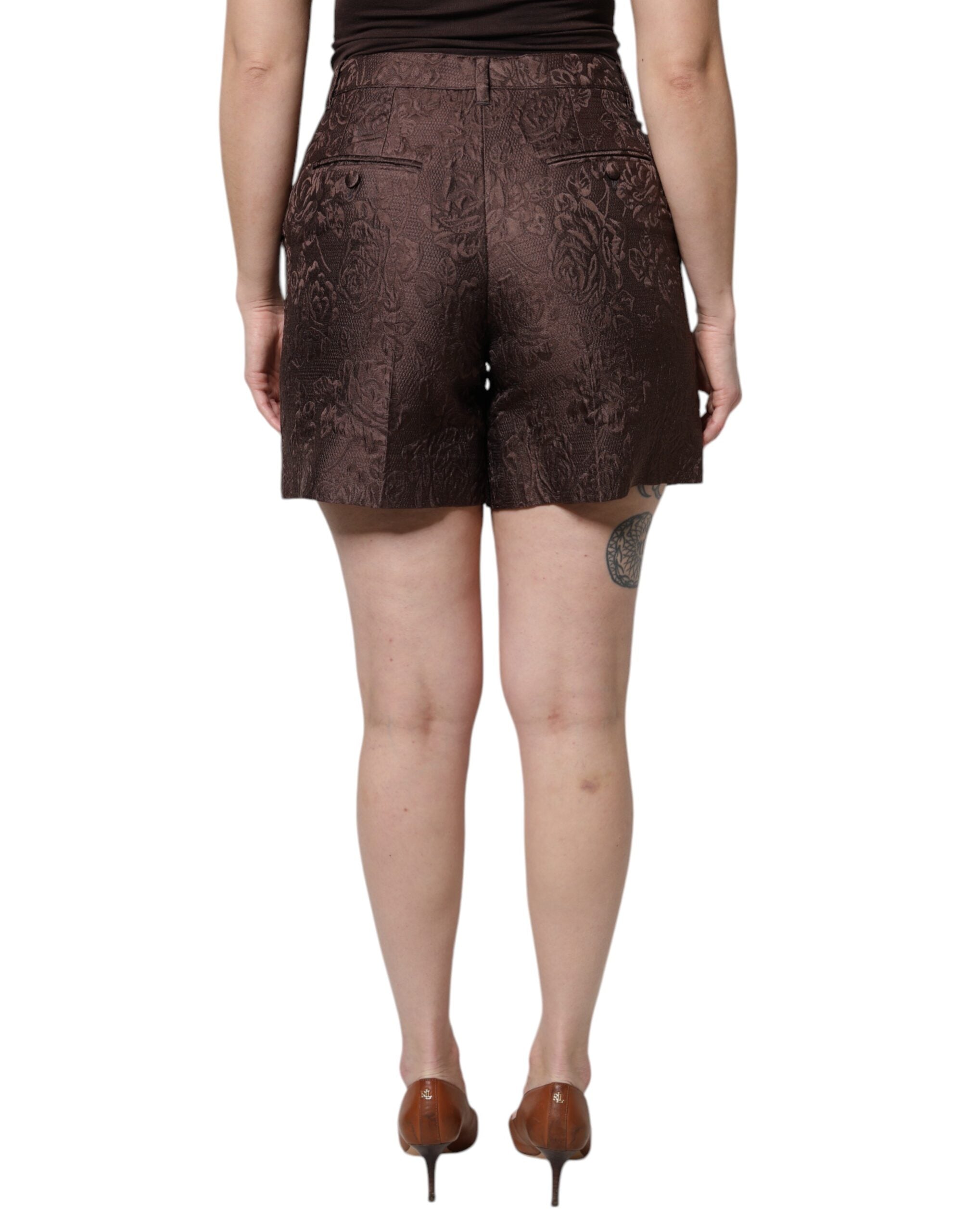 Brown Floral Brocade Mid Waist Mini Short - ventzia