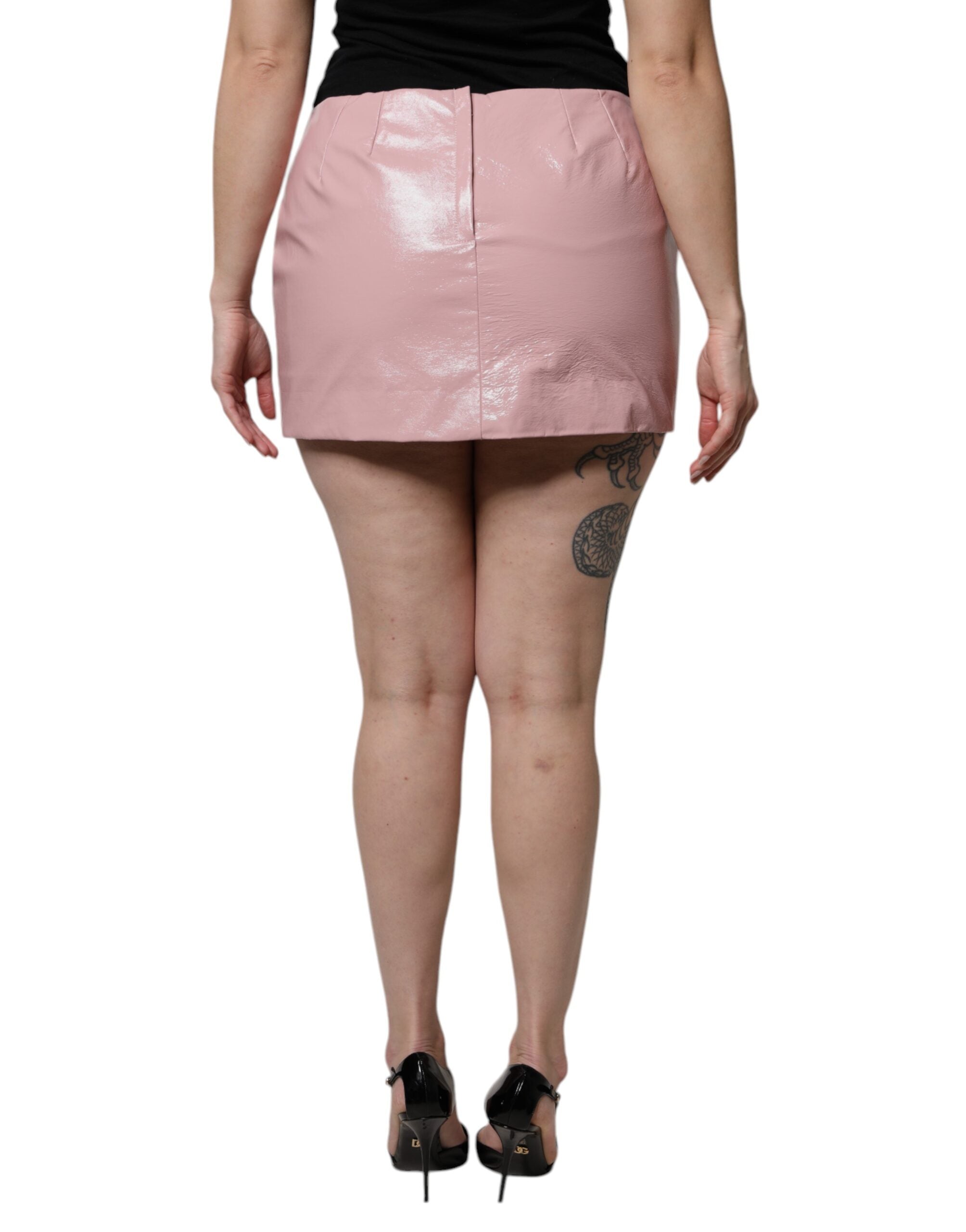 Glossy Pink Cotton High Waist Mini Skirt - ventzia