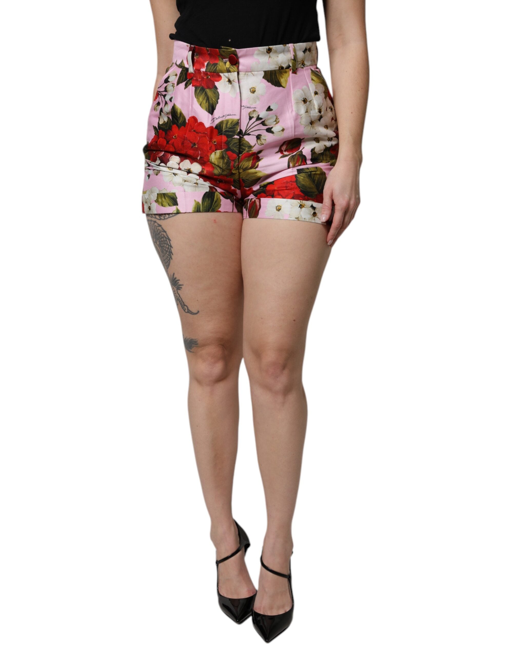 Pink Floral Print High Waist Hotpants Short - ventzia