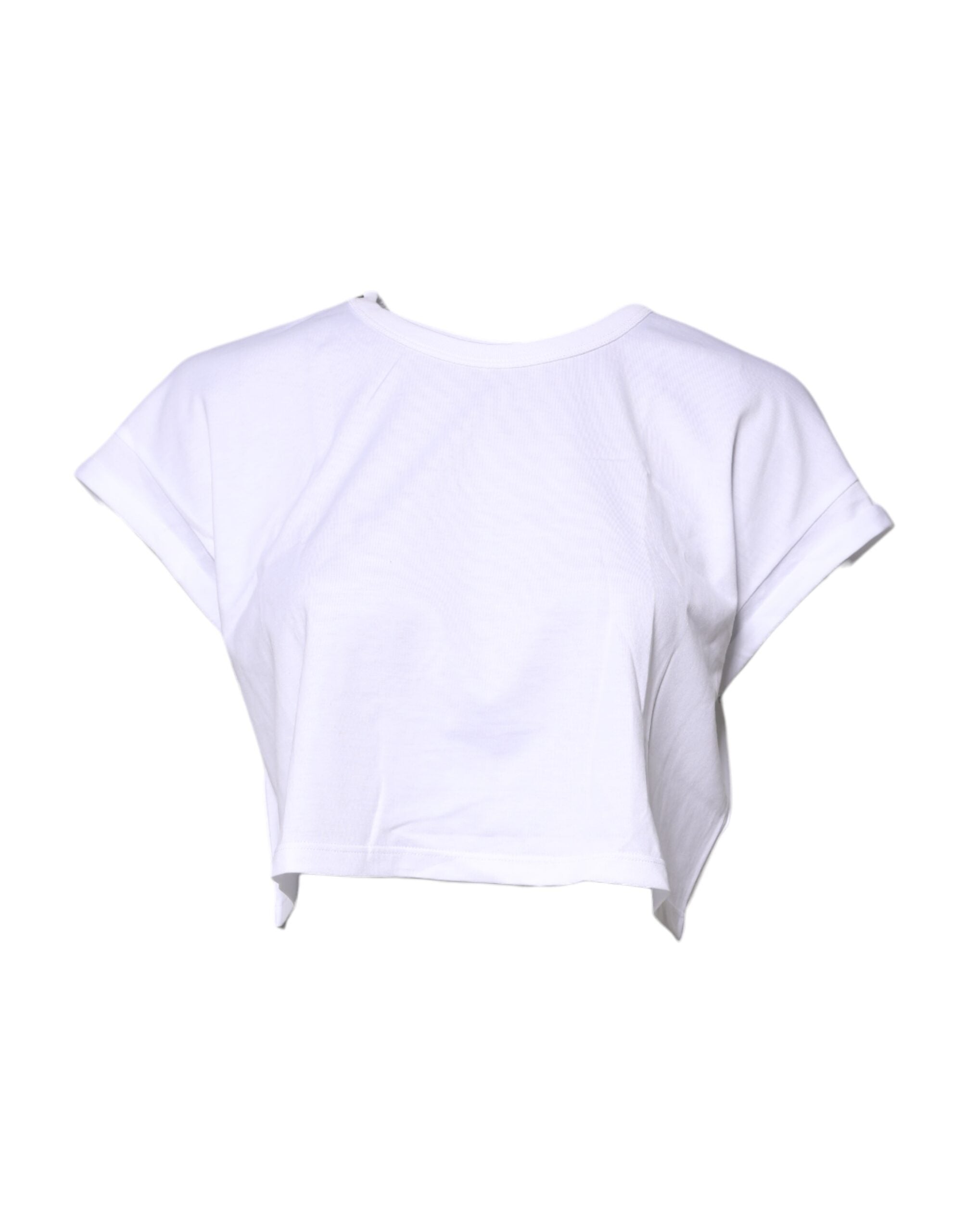 White Cotton Crew Neck Cropped T-shirt Top - ventzia