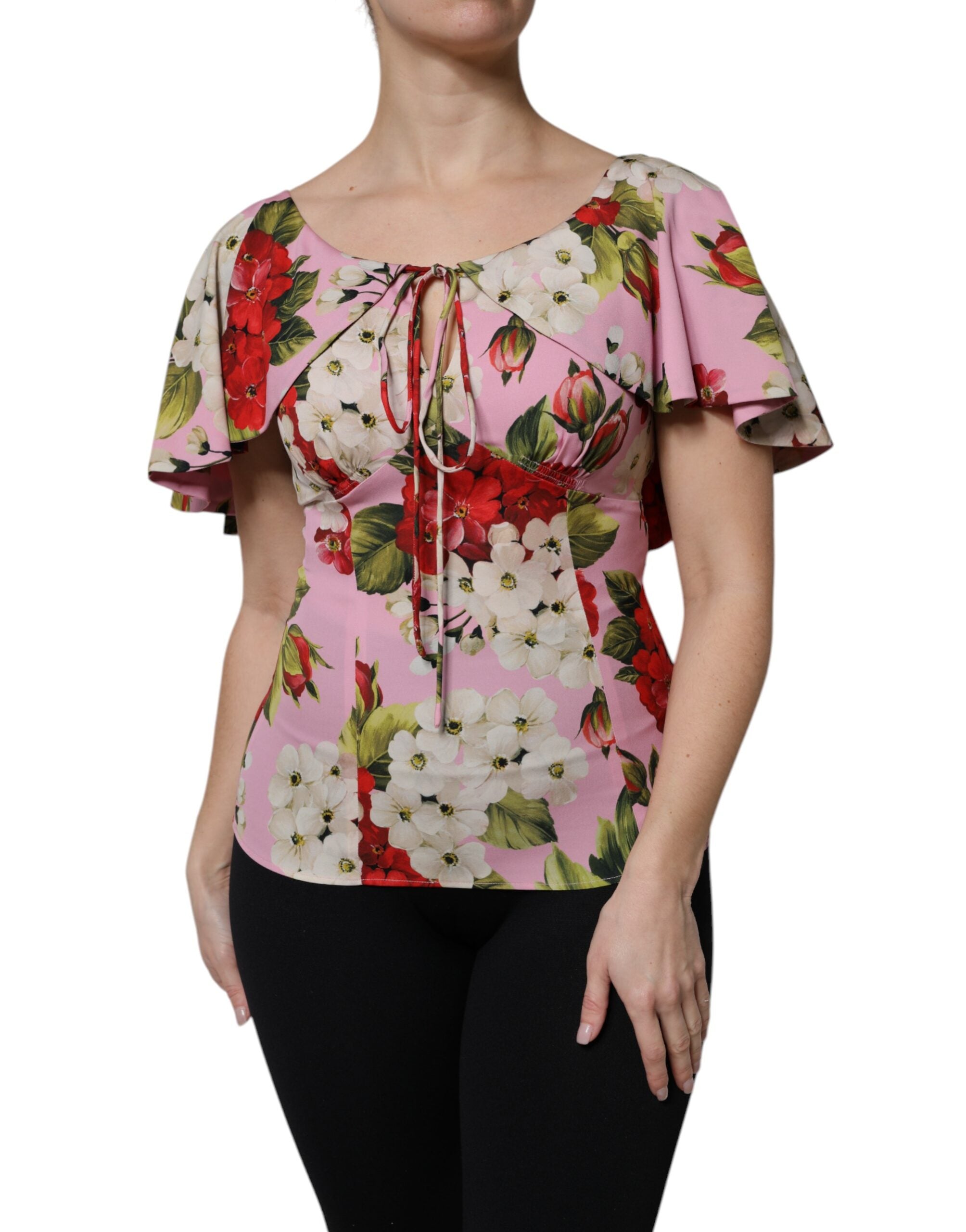 Pink Floral Silk Short Sleeves Blouse Top - ventzia