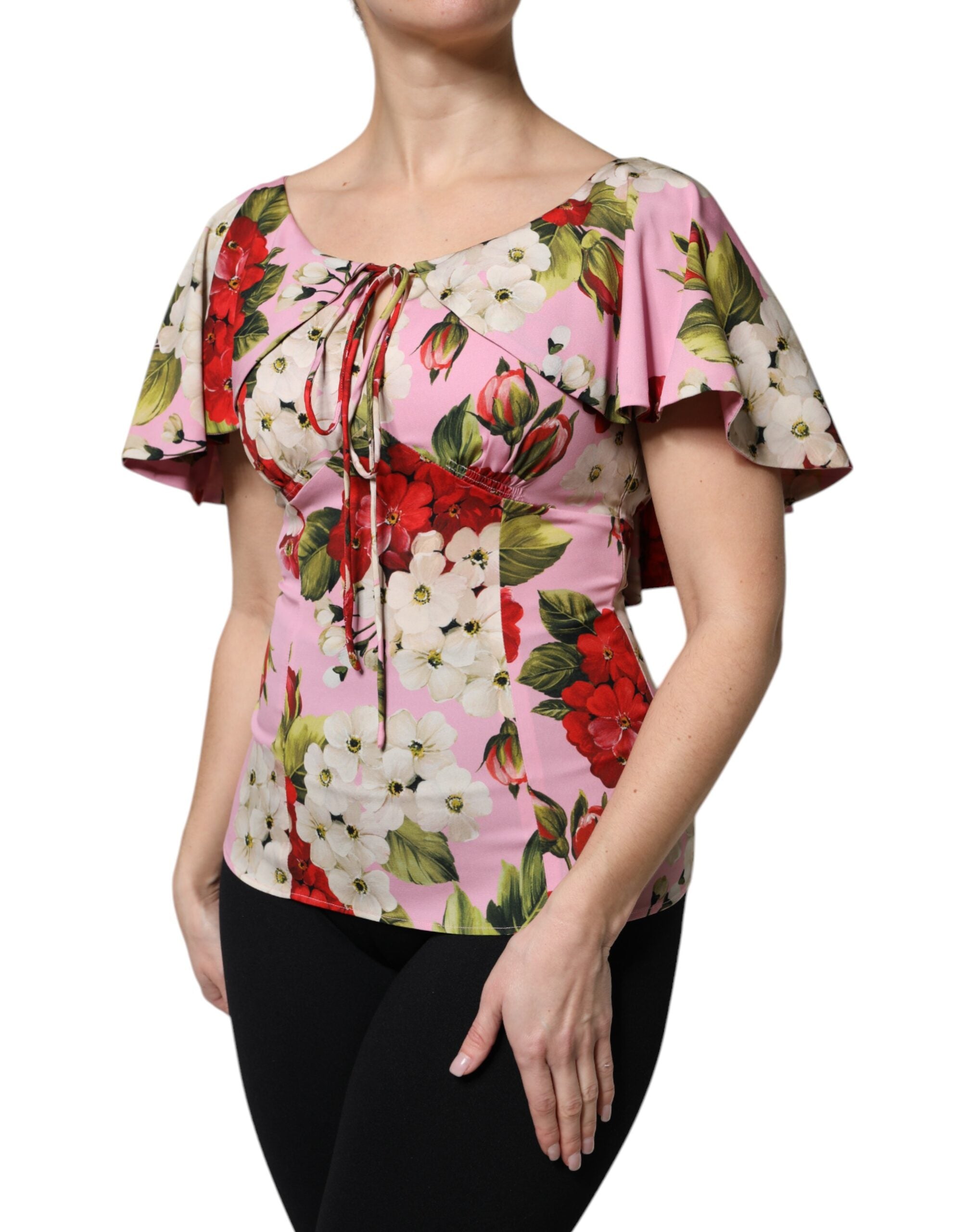 Pink Floral Silk Short Sleeves Blouse Top - ventzia