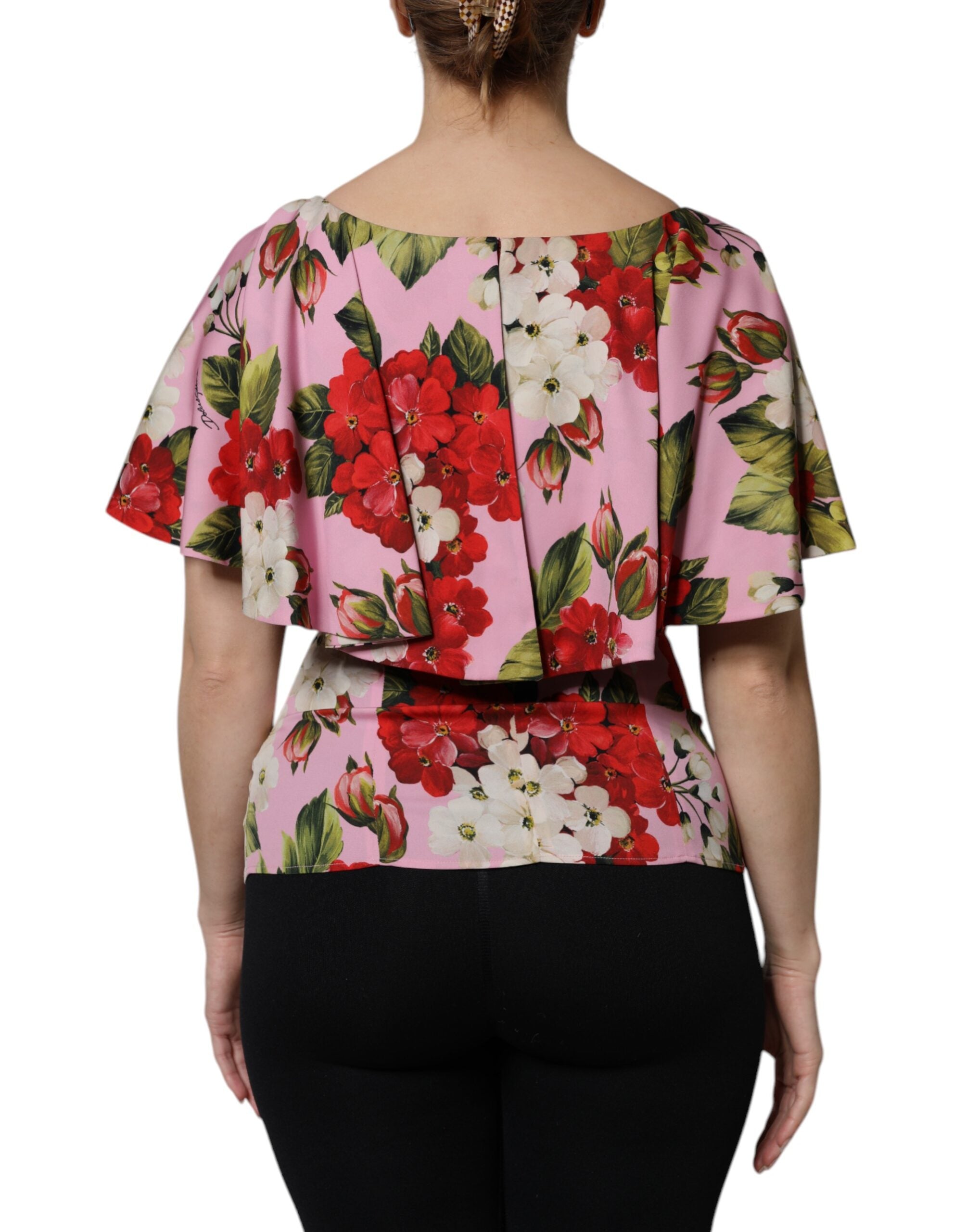 Pink Floral Silk Short Sleeves Blouse Top - ventzia